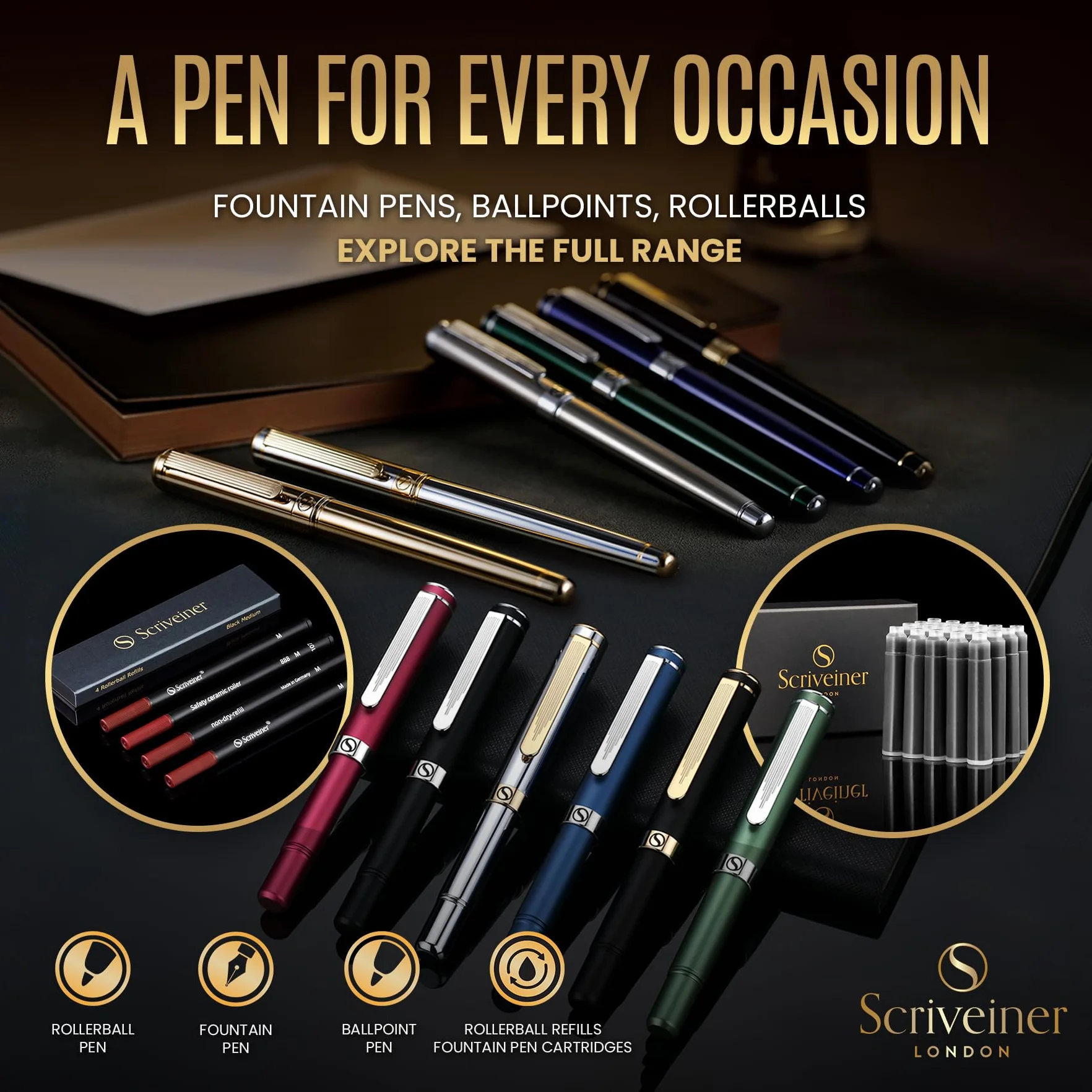 Scriveiner Ricarica Rollerball Nera Media 4 ricariche Rollerball di qualità premium per penne Scriveiner Refill sicurezza Rollerball Ceramica M Made in Germany