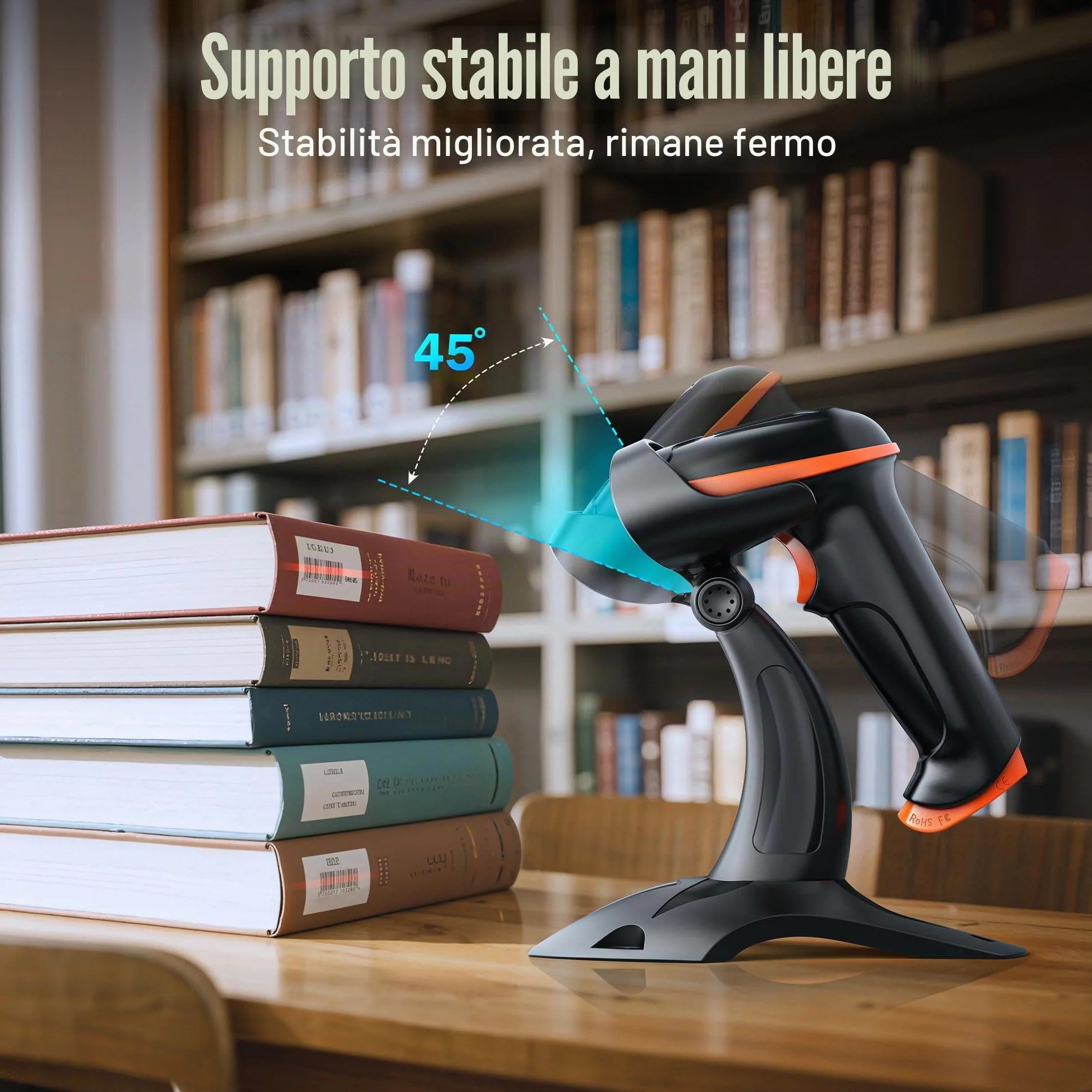 Tera Lettore di codici a barre 1D 2D QR senza fili 2,4 GHz + cavo USB 2,0, lettore di codici a barre con supporto, risoluzione 5 mil, portata 100 m, D5100.