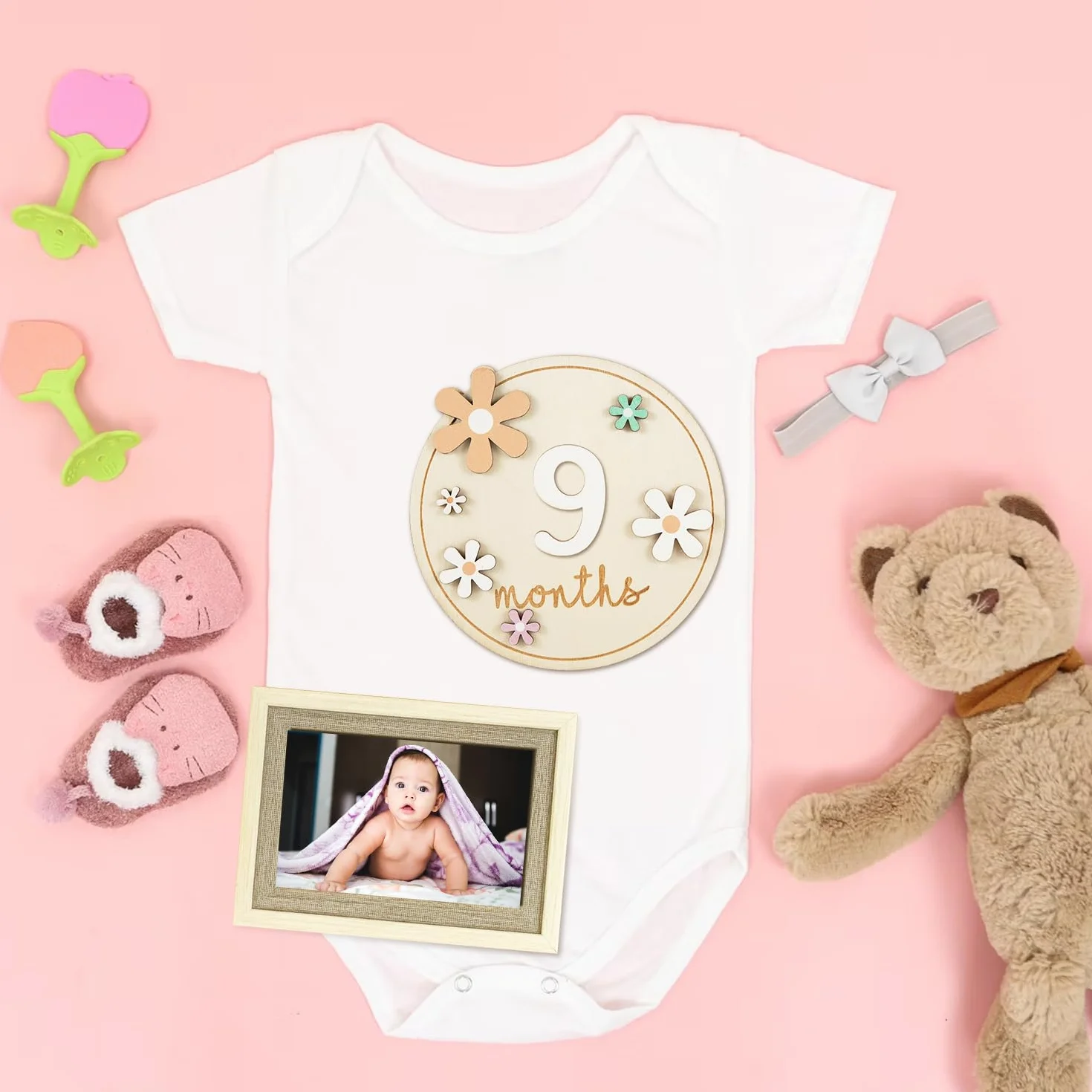Biglietti Mensili per Bambini Carte Mensili in Legno Stile Floreale Cartello Ricordo Neonato 11 Numeri