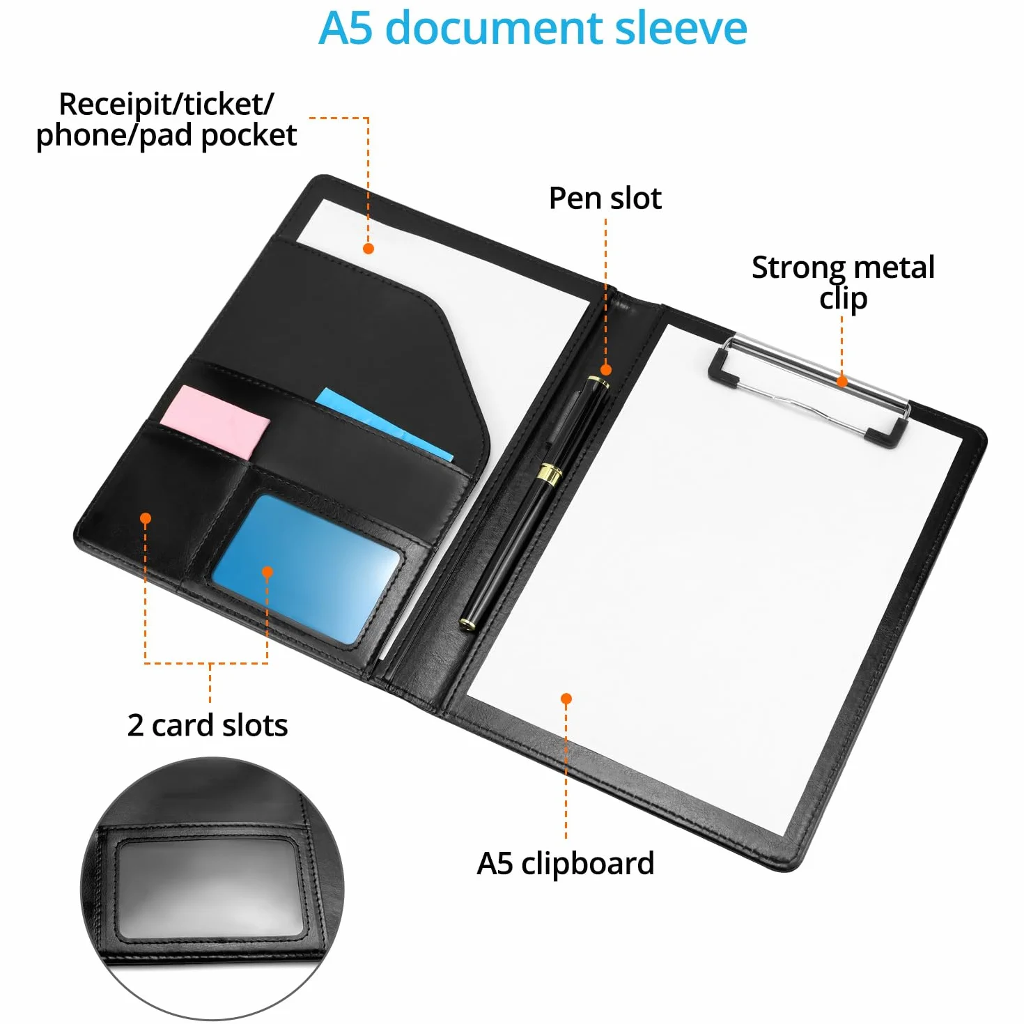 QWORK Portablocco A5 con Copertina, Cartella Porta Documenti Nero