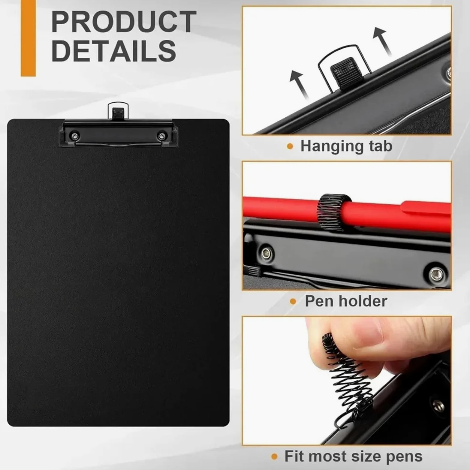 Cartellina Rigida Con Pinza Portablocco nero formato A4 con portapenne. Portablocco nero con piccole clip.