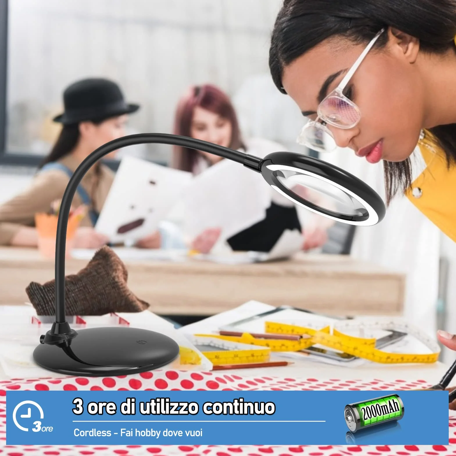 Lente d'ingrandimento ricaricabile 5X con luce e supporto, lente d'ingrandimento illuminata DUDSOEHO a mani libere per lettura, anziani, hobby, artigianato