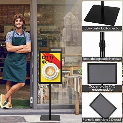 GYMAX A3 Stand Poster Menù, Supporto per Informazioni, Espositore da Terra, Altezza Regolabile, Pannello Girevole, Porta Pubblicità Ideale per Negozio, Ristorante e Bar, in Acciaio INOX (Nero)