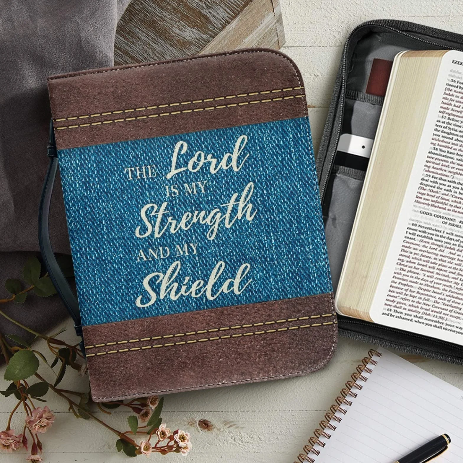 Custodia Bibbia in pelle grande con cerniera personalizzata borsa biblica donna Blu L