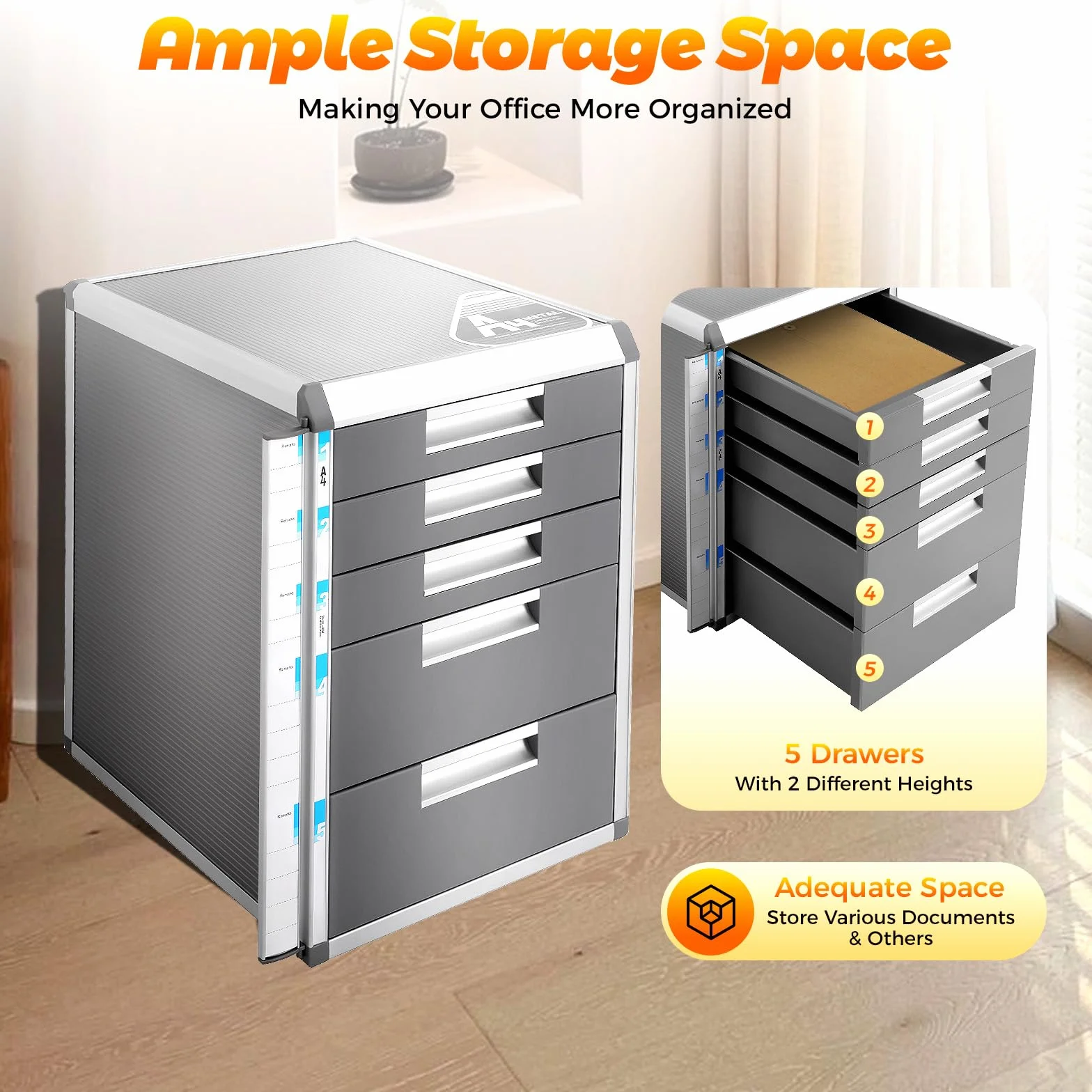 Armadietto portadocumenti in alluminio a 5 scomparti, con serratura, in metallo, formato A4, grande, in lega di alluminio, 35 x 31,5 x 40,5 cm, per ufficio casa
