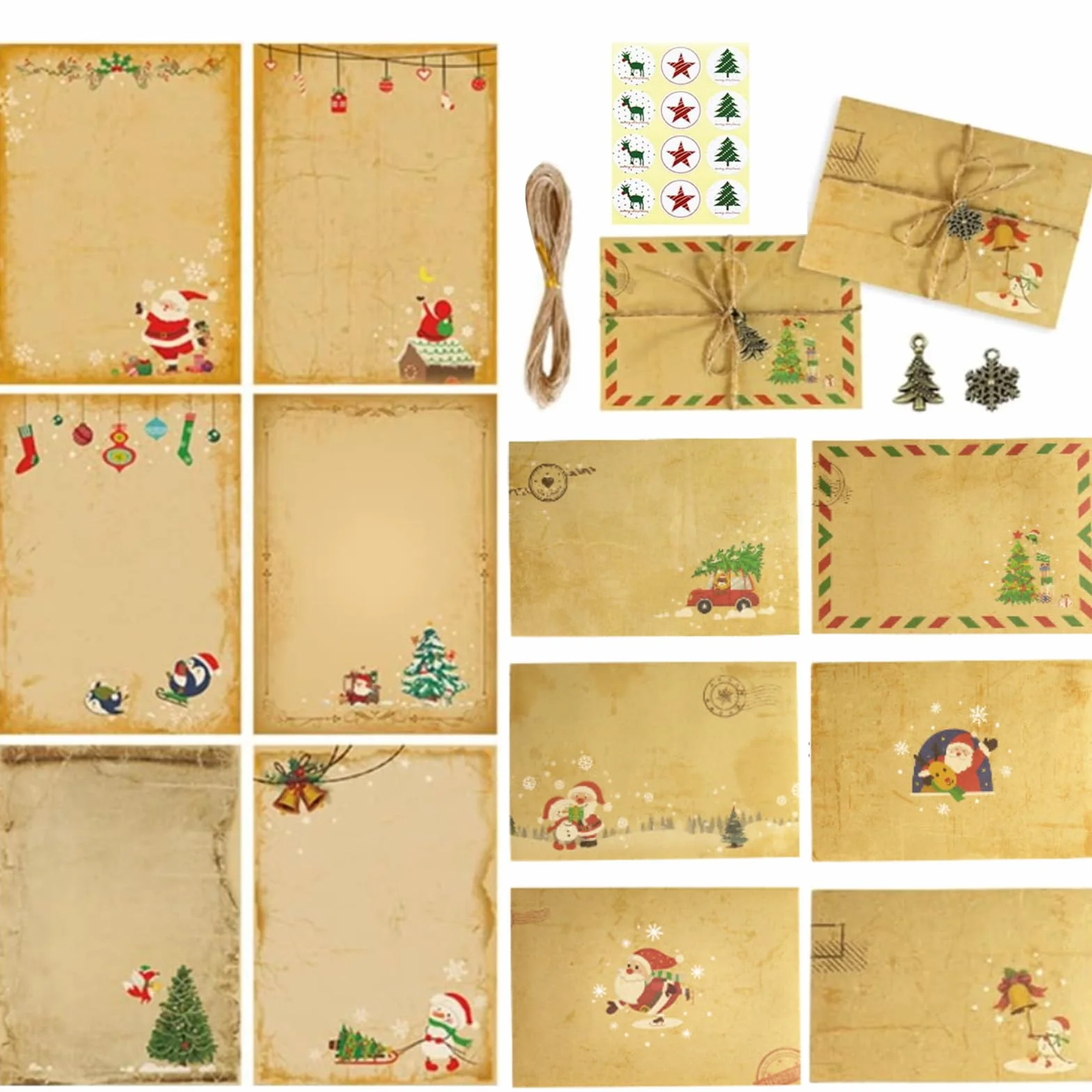 Zestaw papieru listowego vintage z kopertami 12 arkuszy 6 kopert sznurek konopny 10 m naklejki świąteczne