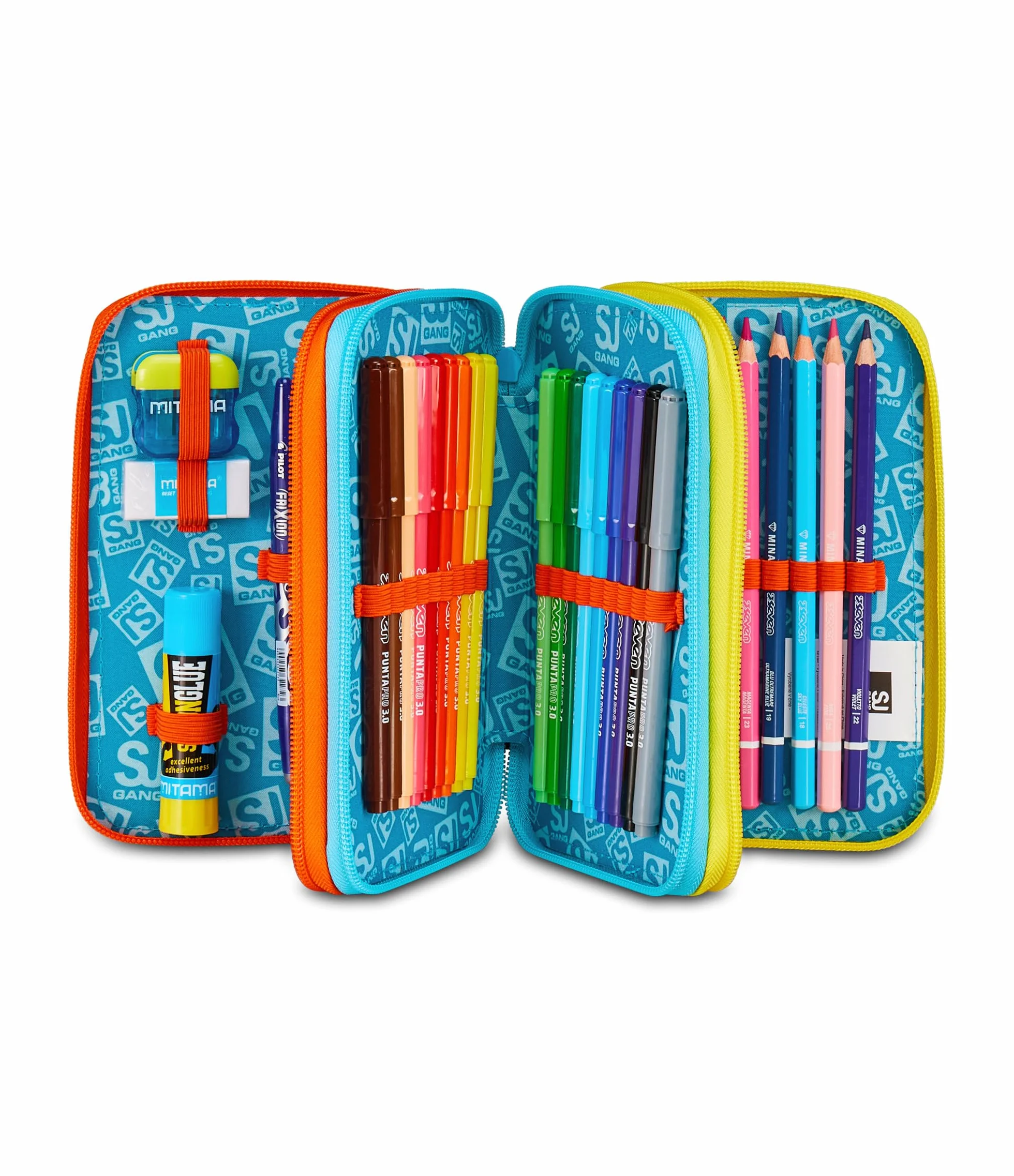 SJ GANG STYLE JAM GANG Astuccio Scuola 3 Zip Dragon Glide, Blu, Portapenne Triplo Scomparto Completo Di Penne, Matite, Colori, Accessori Zaino, Scuola Elementare, Bambino