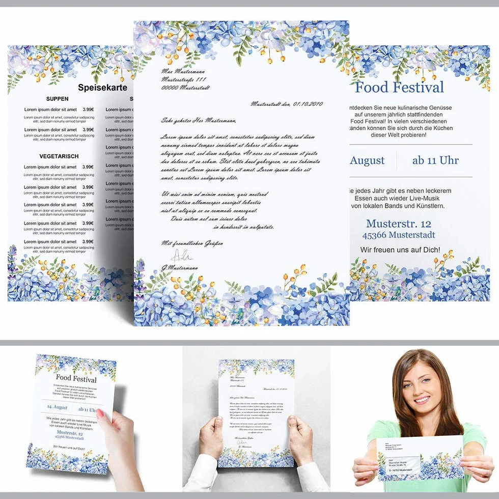ORTENSIE BLU Carta da Lettera Decorata A4 20 Fogli