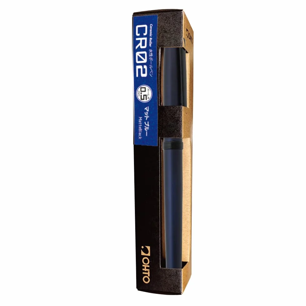OHTO CR02-05-MBL - Penna roller in ceramica, punta fine da 0,5 mm, fusto in alluminio di medio spessore con componenti in ottone, blu opaco, inchiostro nero ricaricabile a base d'acqua, CR02-05-MBL