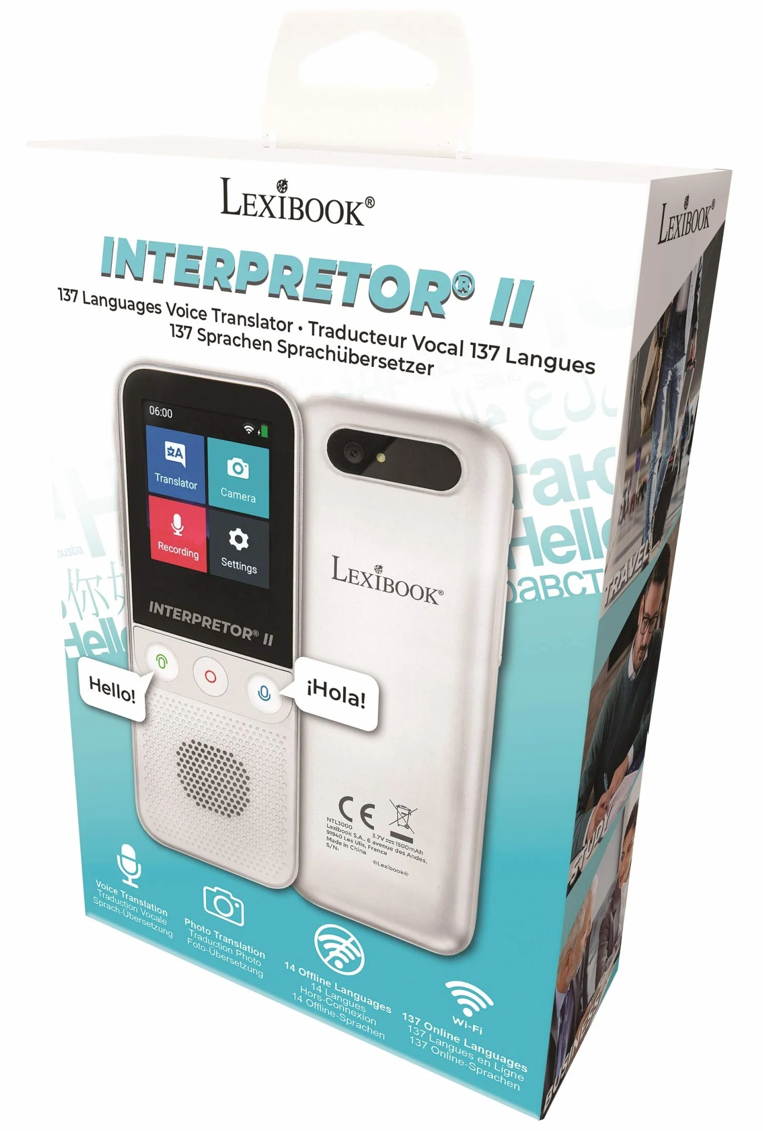 Lexibook, Interpretor 3, Traduttore vocale istantaneo, 137 Lingue, traduzione di Foto e memo, traduttore multilingue Portatile e da Viaggio, Presa per Cuffie, Wi-Fi e Offline, NTL3000
