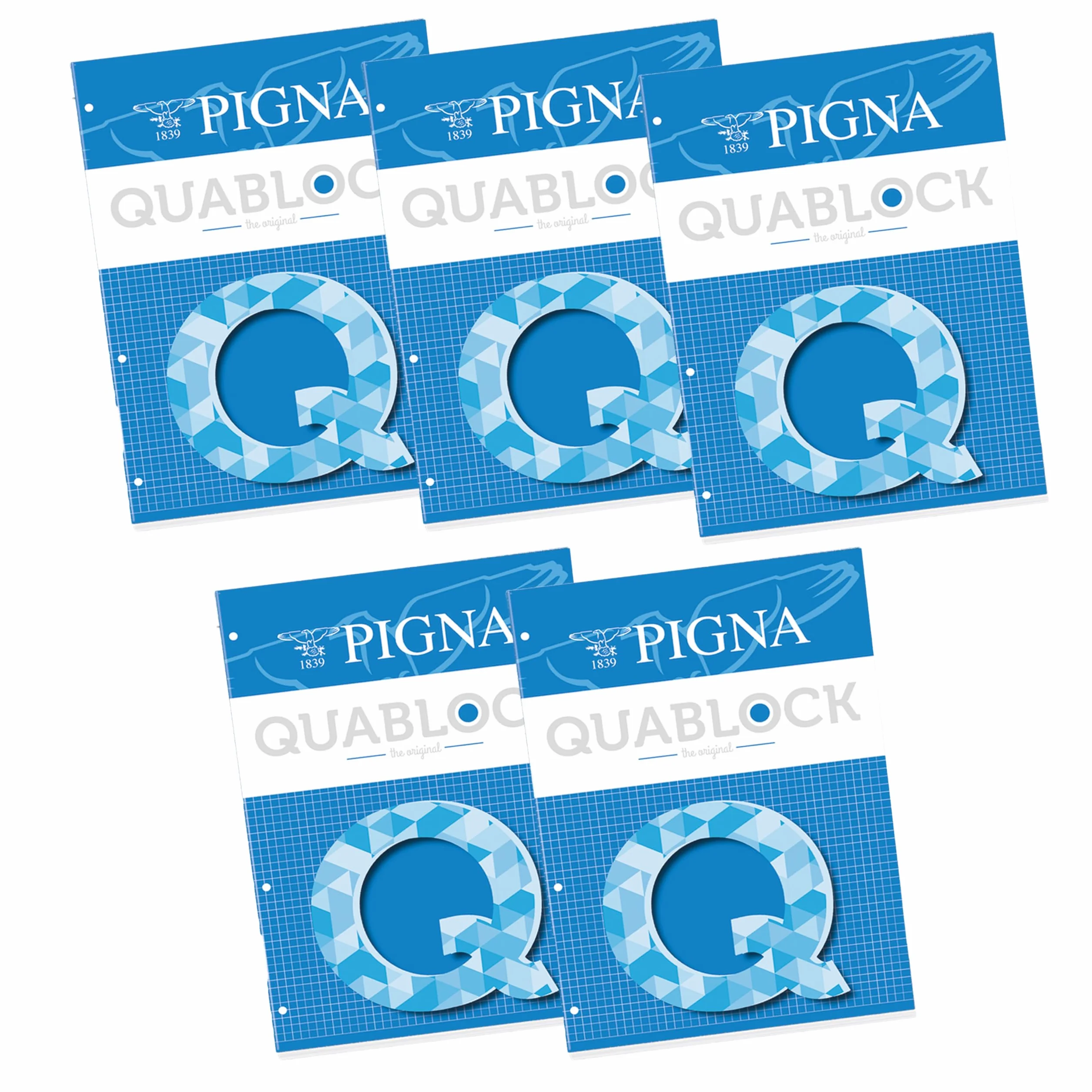 Pigna QUABLOCK A5 Blocco collato 80 gr 50 fogli 4 fori archivio quadretti 5 mm Confezione 5 pezzi