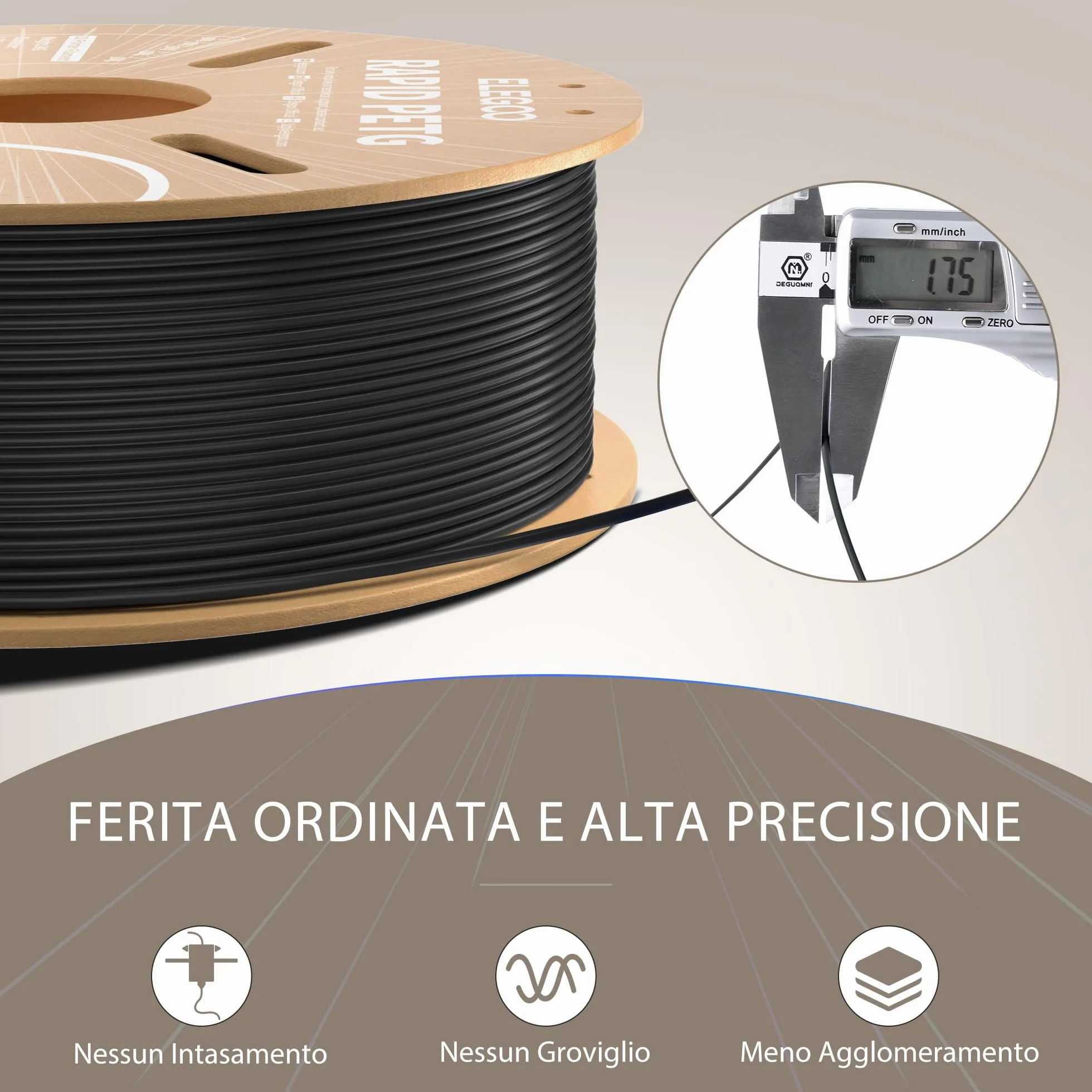ELEGOO Rapido Filamento PETG 1,75 mm 1 kg Alta Velocità 30-600 mm/s per Stampante 3D FDM Nero