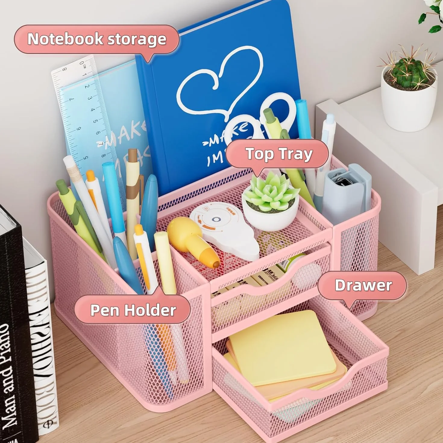 Marbrasse Organizer Scrivania con Cassetti, Porta Penne da Scrivania in Rete Metal, Rosa