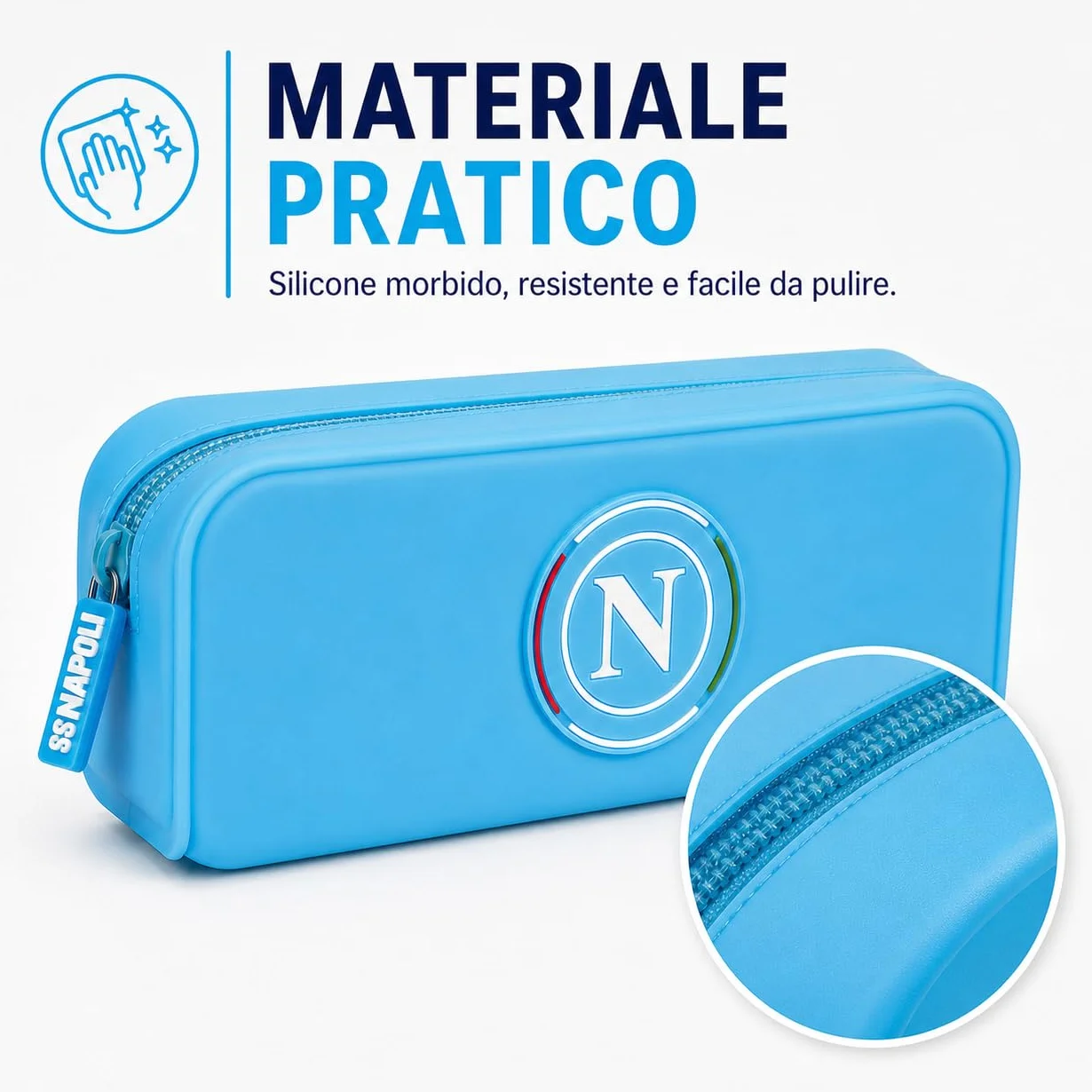 Colourbook Astuccio SSC Napoli Azzurro Silicone Lavabile Portapenne Scuola Logo 3D Zip Gadget Calcio 19,5x7x5,5 cm