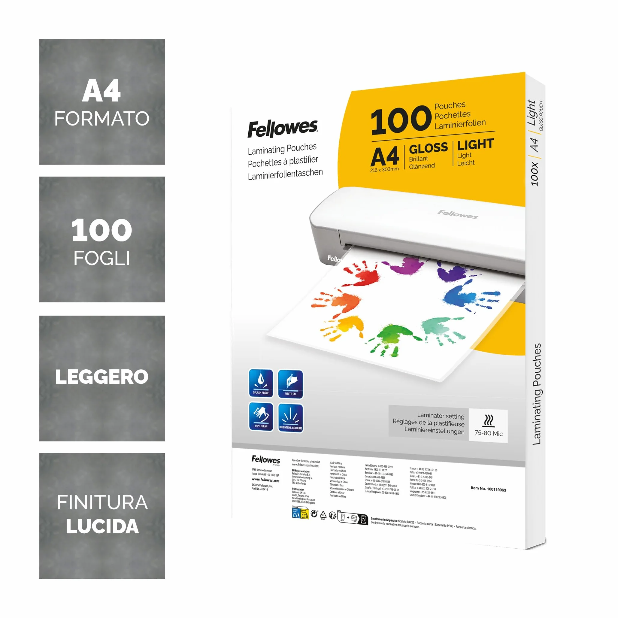 Fellowes buste plastificazione A4 lucide 100 fogli resistenti plastificatrici