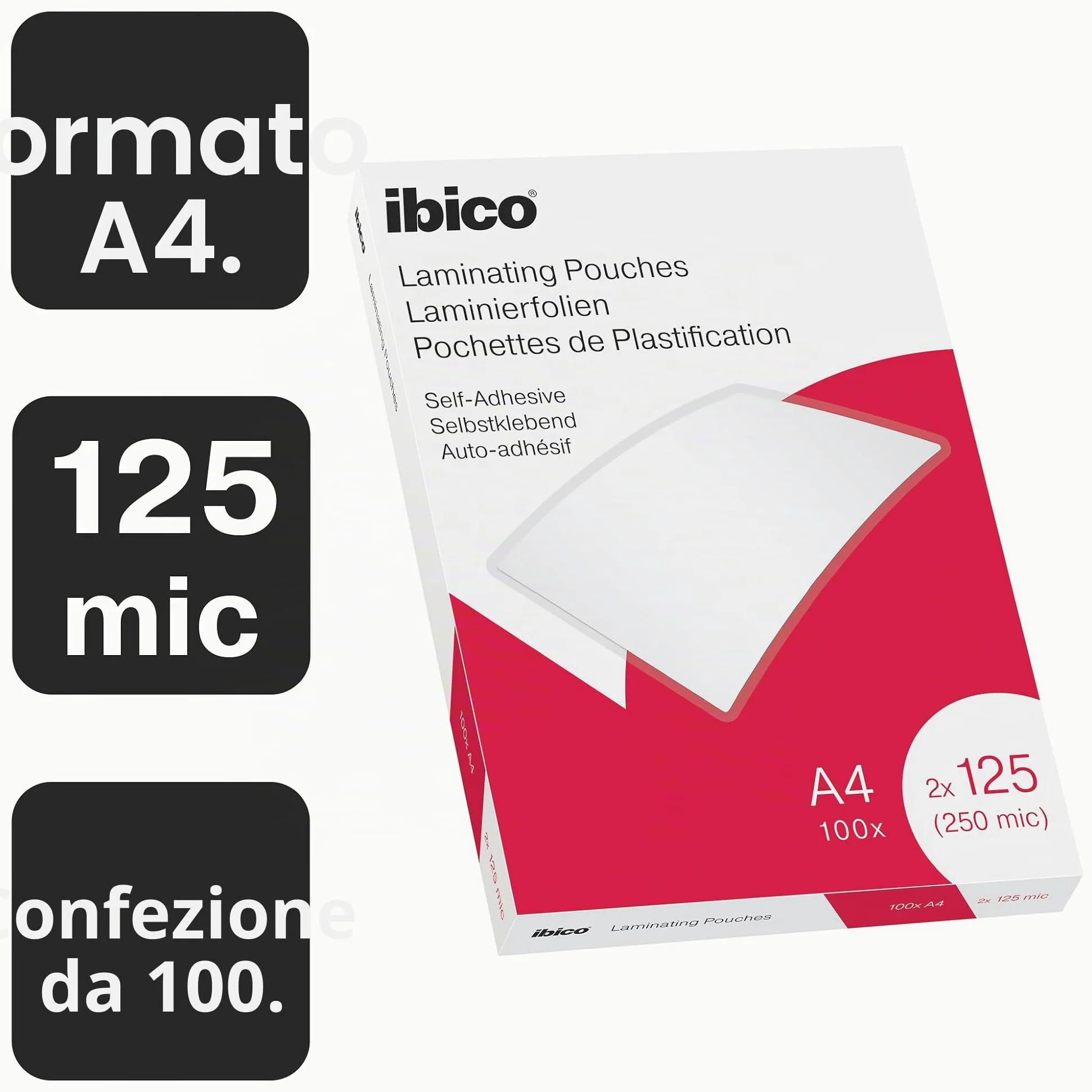 Ibico Pouch per la Plastificazione a caldo, Formato A4, 250 Micron (2x150), Elevata protezione dei documenti e Durabilità, Retro Adesivo, Confezione da 100, Finitura Lucida, Trasparente, 627325