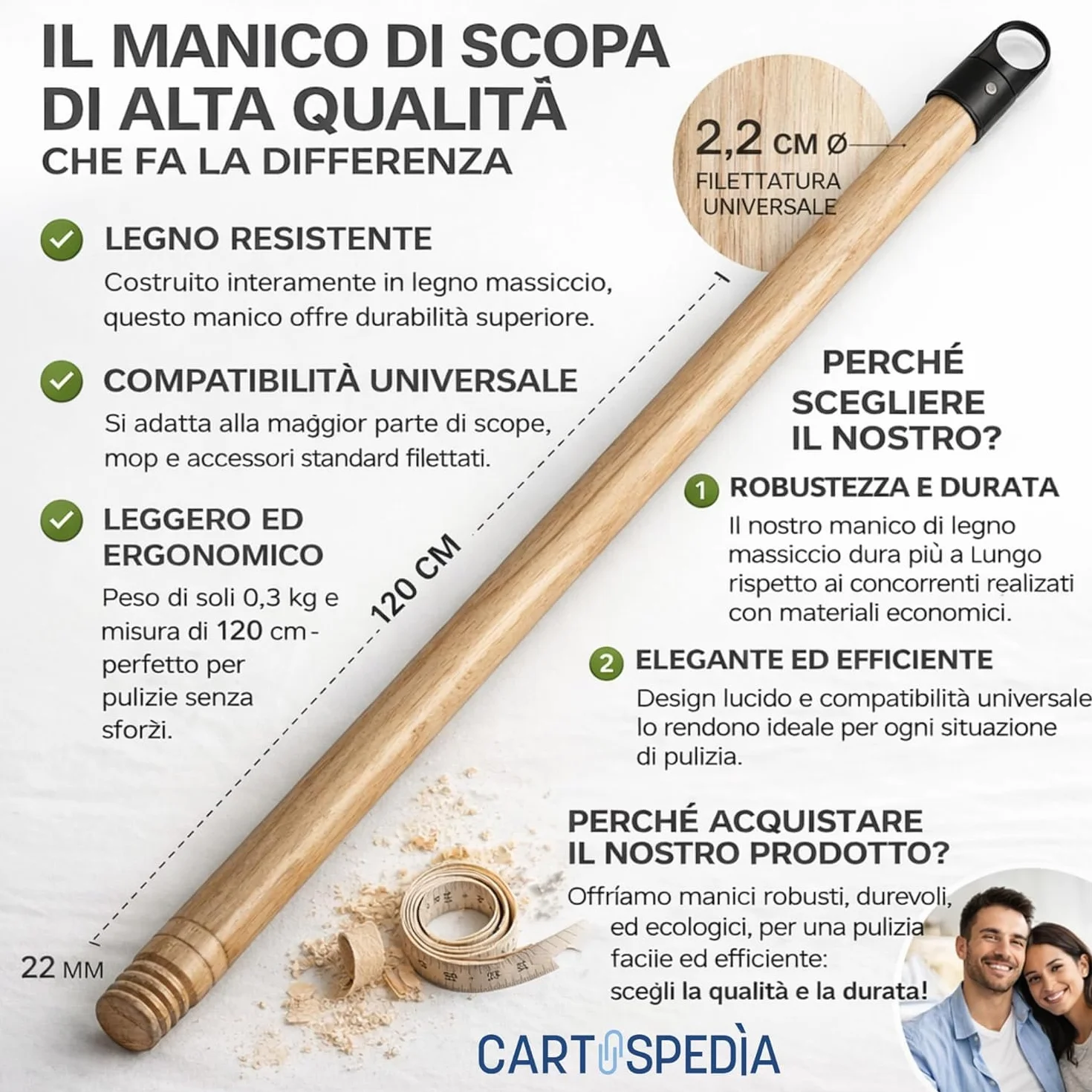 Scopa e Paletta con Manico Lungo 120 cm - Asta in Legno Filettato - Paletta Alzaimmondizia in Plastica - Setole Piumate per Pulizia