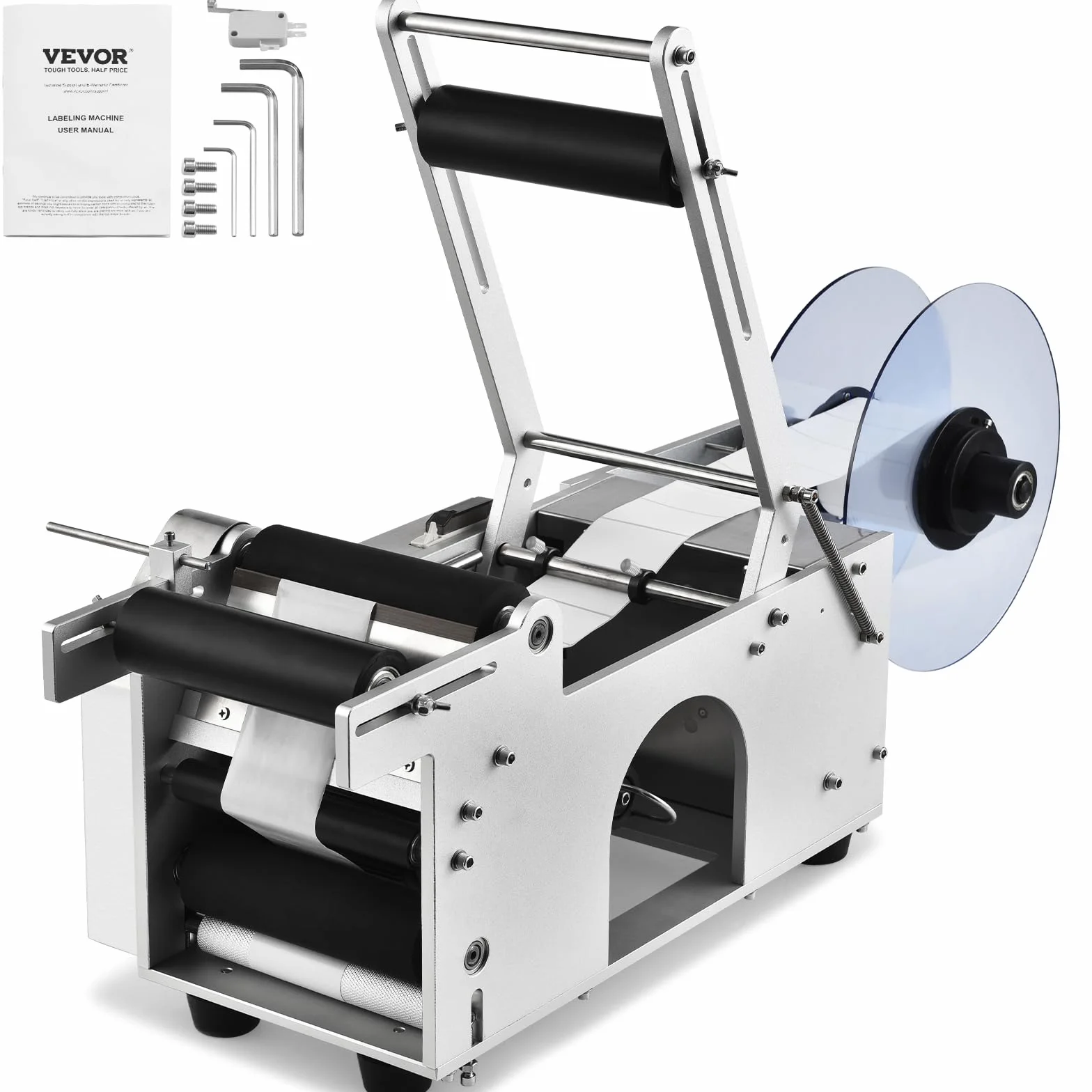 VEVOR Etichettatrice Semiautomatica per Bottiglia Rotonda, 20-50Pezzi/min, Applicatore di Etichette, Etichettatrice Regolabile Adatta per Bottiglie Larghezza Etichetta tra 13-150mm Lunghezza 25-300mm