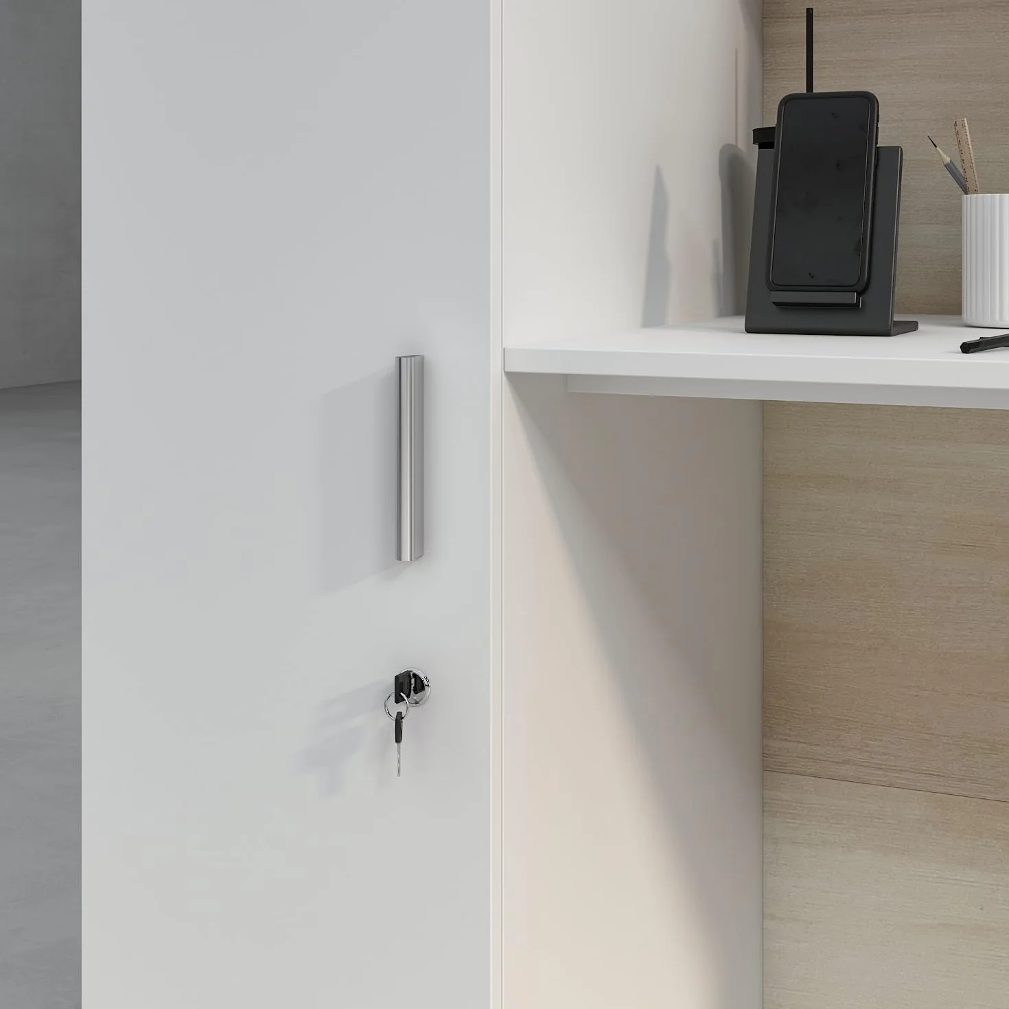 Banco di reception, grandi banchi con ripiani regolabili, bancone della reception, mobili da ufficio, colore legno e bianco, 180 x 60 x 110 cm, MDF, moderno ed elegante