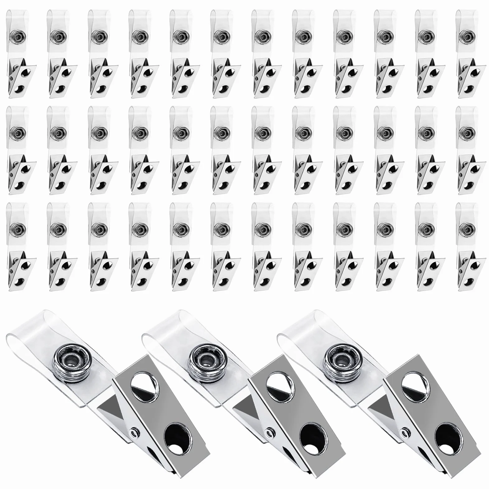 Confezione da 400 clip per badge in metallo, a doppio foro, con cinghie in PVC trasparente, per targhette, carte d'identità e porta badge, forniture per ufficio e lavoro