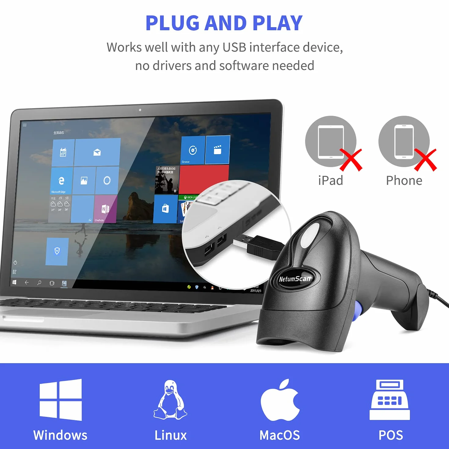 NetumScan Lettore di codici a barre wireless CCD, USB, lettura automatica, compatibile con PC, Mac, laptop, modello NSL6