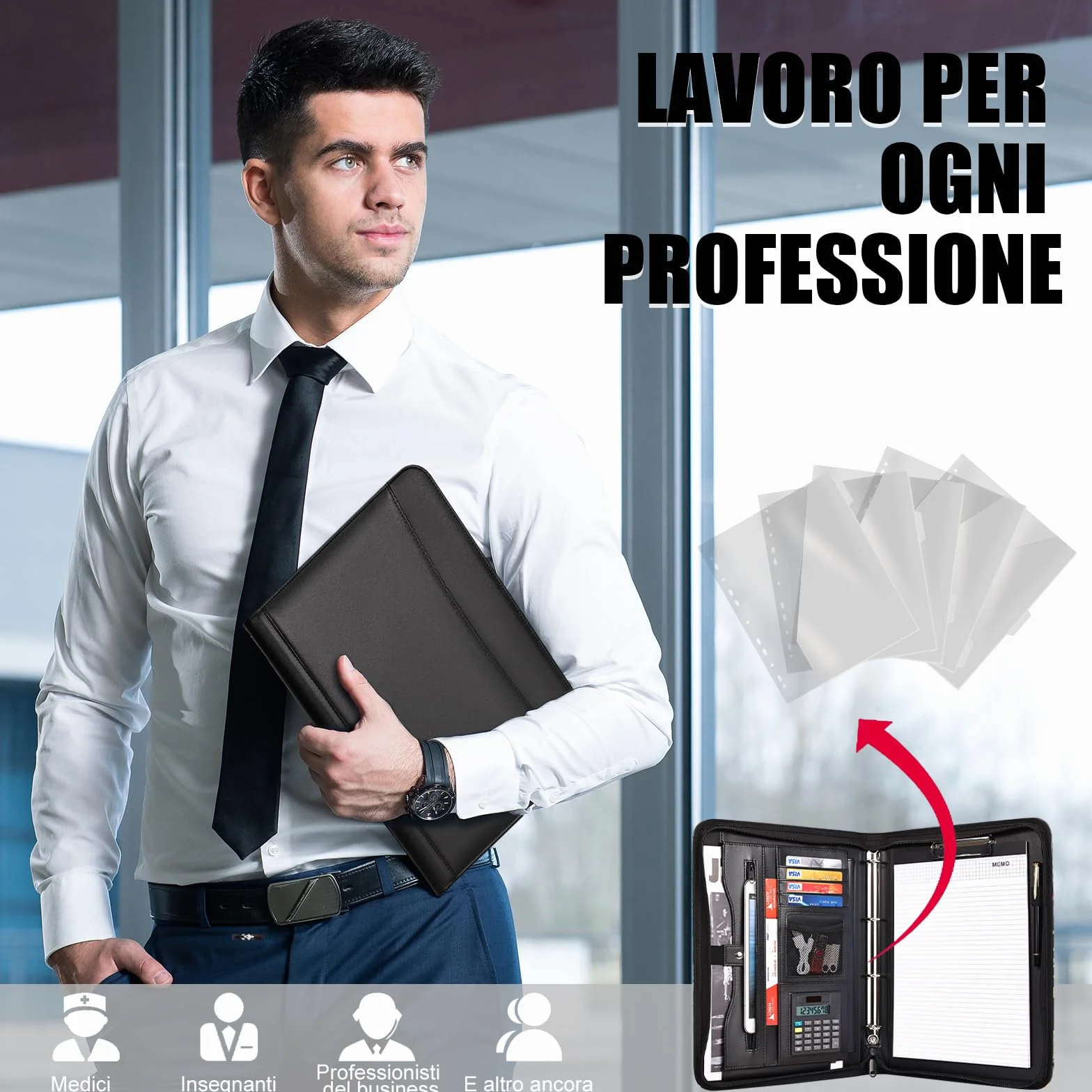 Leathario Cartella portadocumenti A4 pelle vegana organizer con cerniera Nero