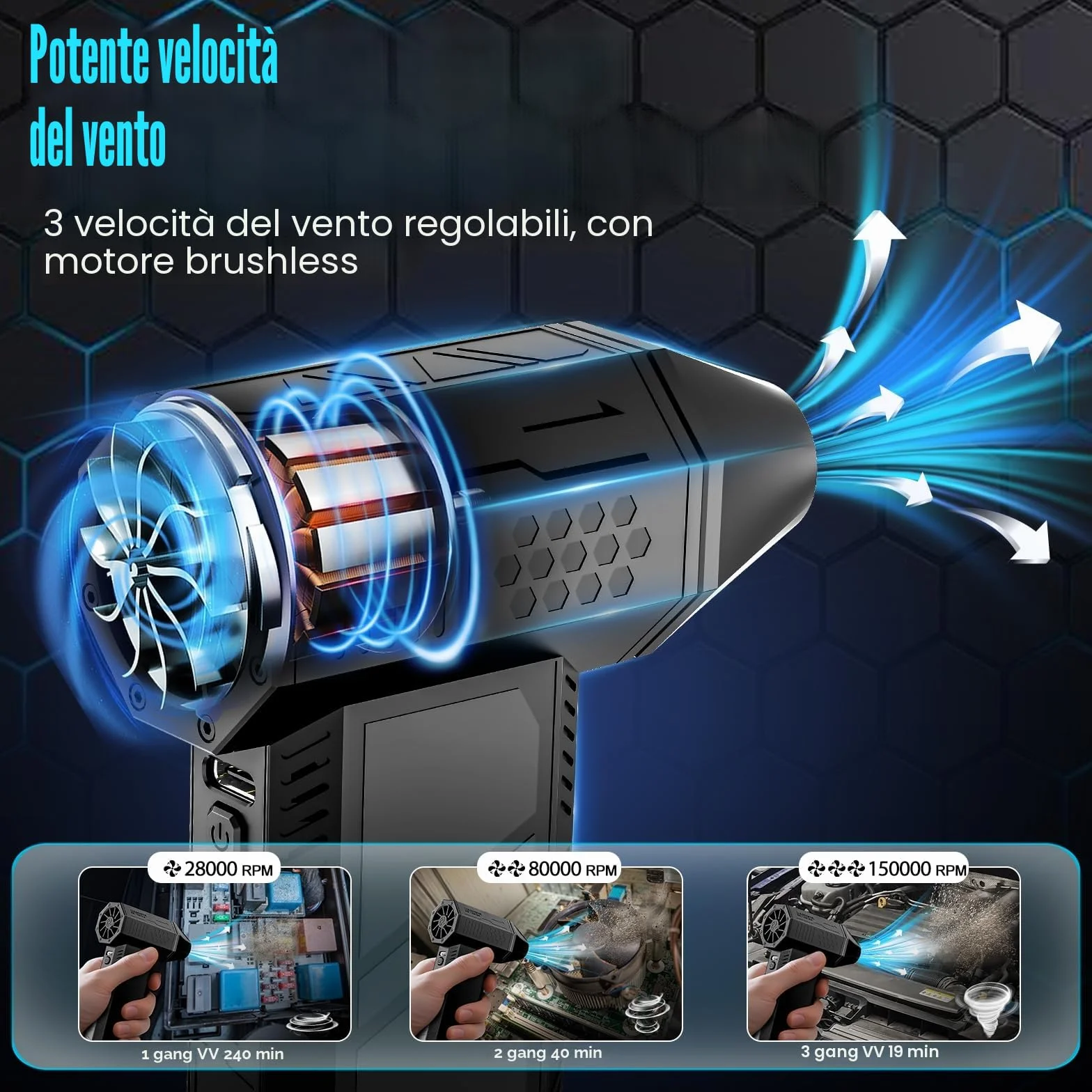 Aria Compressa Elettrico Rimuovi Polvere - 3 Velocità 130000 Giri/Min Mini Soffiatore a Batteria, Turbo Fan con 4 Soffiatore, Pistola ad Aria Compressa per Pulizia di PC, Tastiera, Auto e Divano
