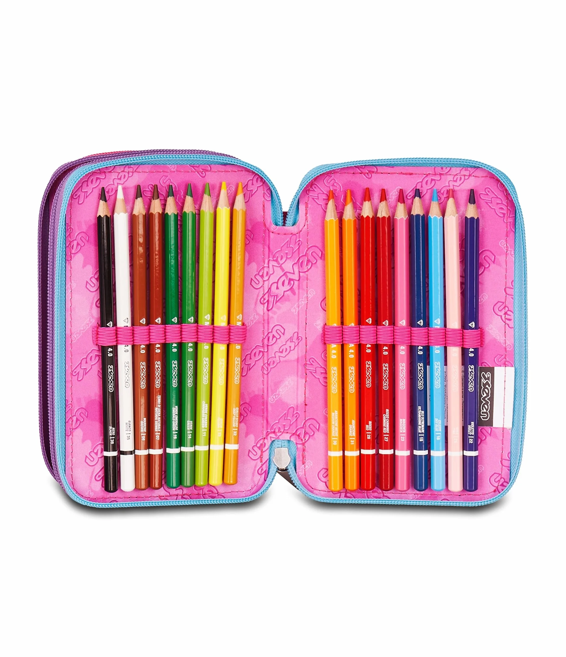 Seven Astuccio Scuola 3 scomparti con Matite Pennarelli Penne 3 Zip rosa/azzurro