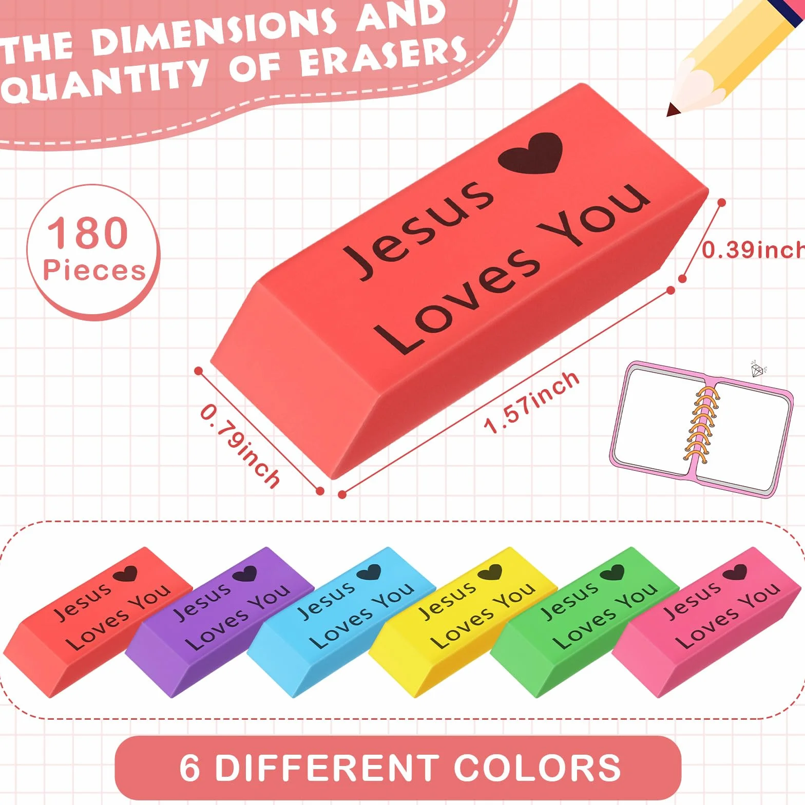 Yaomiao 180 gomme da cancellare per bambini colorate angoli smussati regalo cristiano Gesù ti ama