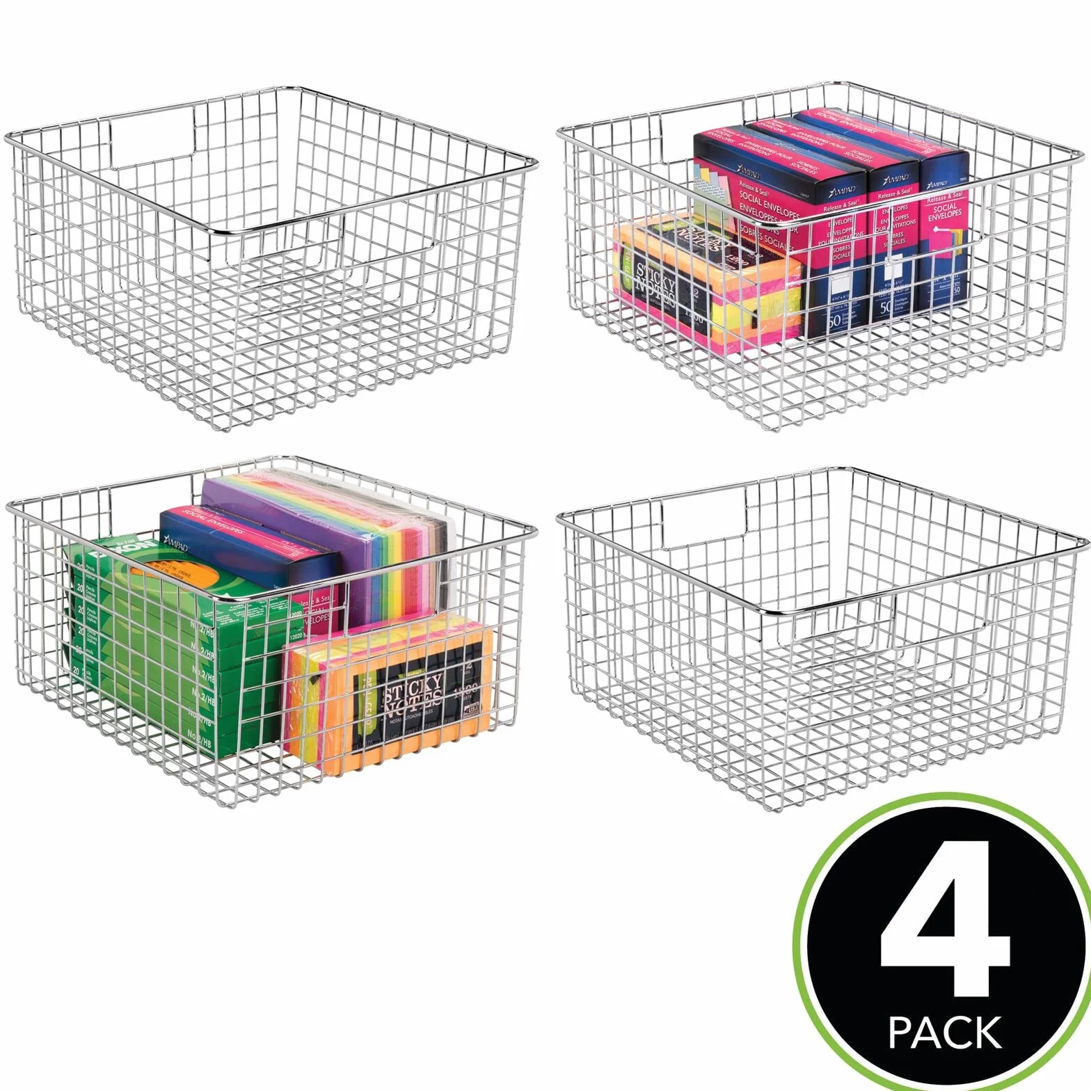 mDesign Organizer scrivania per posta, carte e cancelleria – Cesta metallo per uffici, scuola, camere da letto, cucine, bagni, garage – Cesta portaoggetti con manici incorporati – Set da 4 – cromato