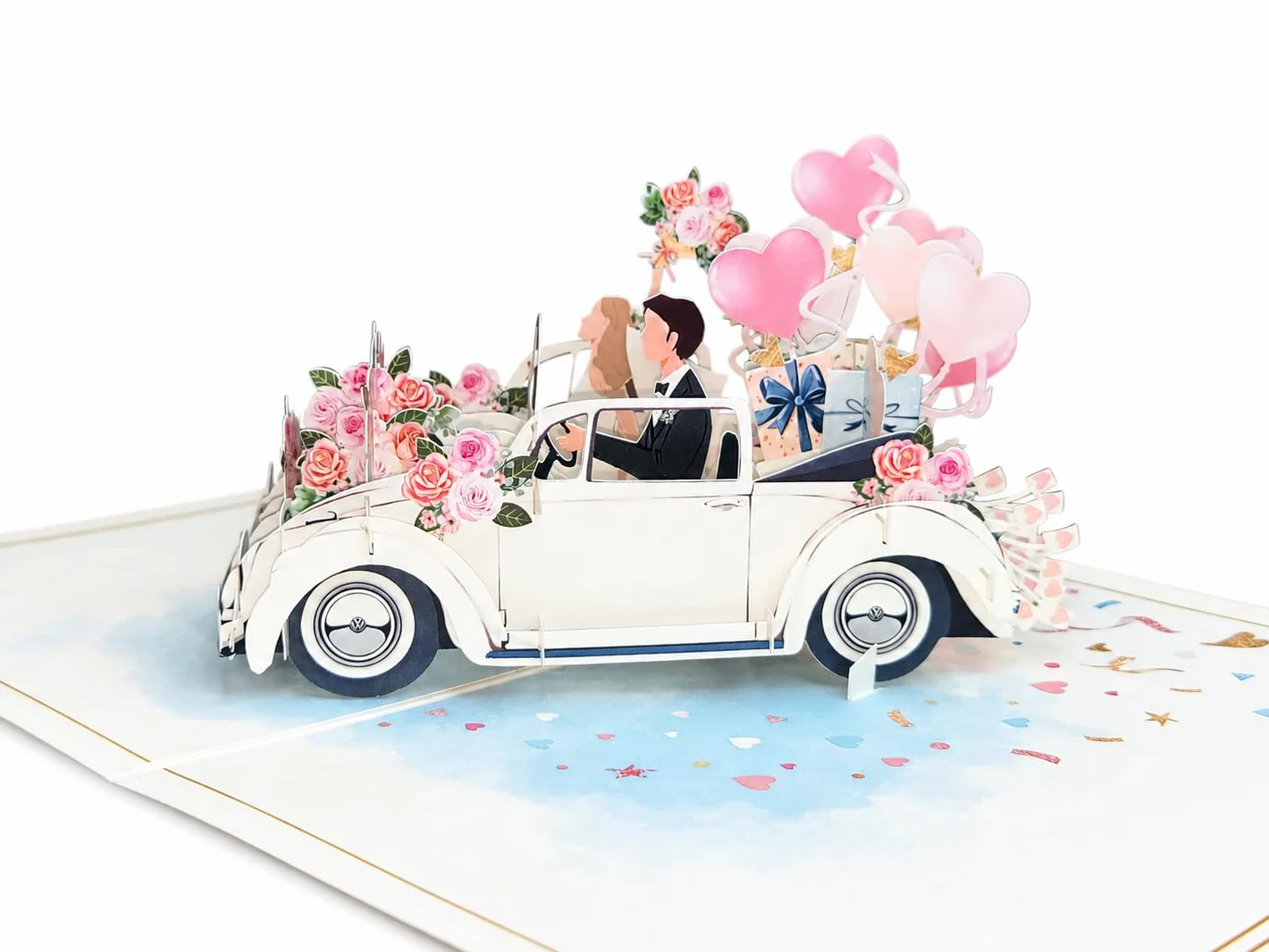 Biglietto di auguri pop-up 3D per matrimonio – Auto con sposi e palloncini – 13 x 18 cm con busta