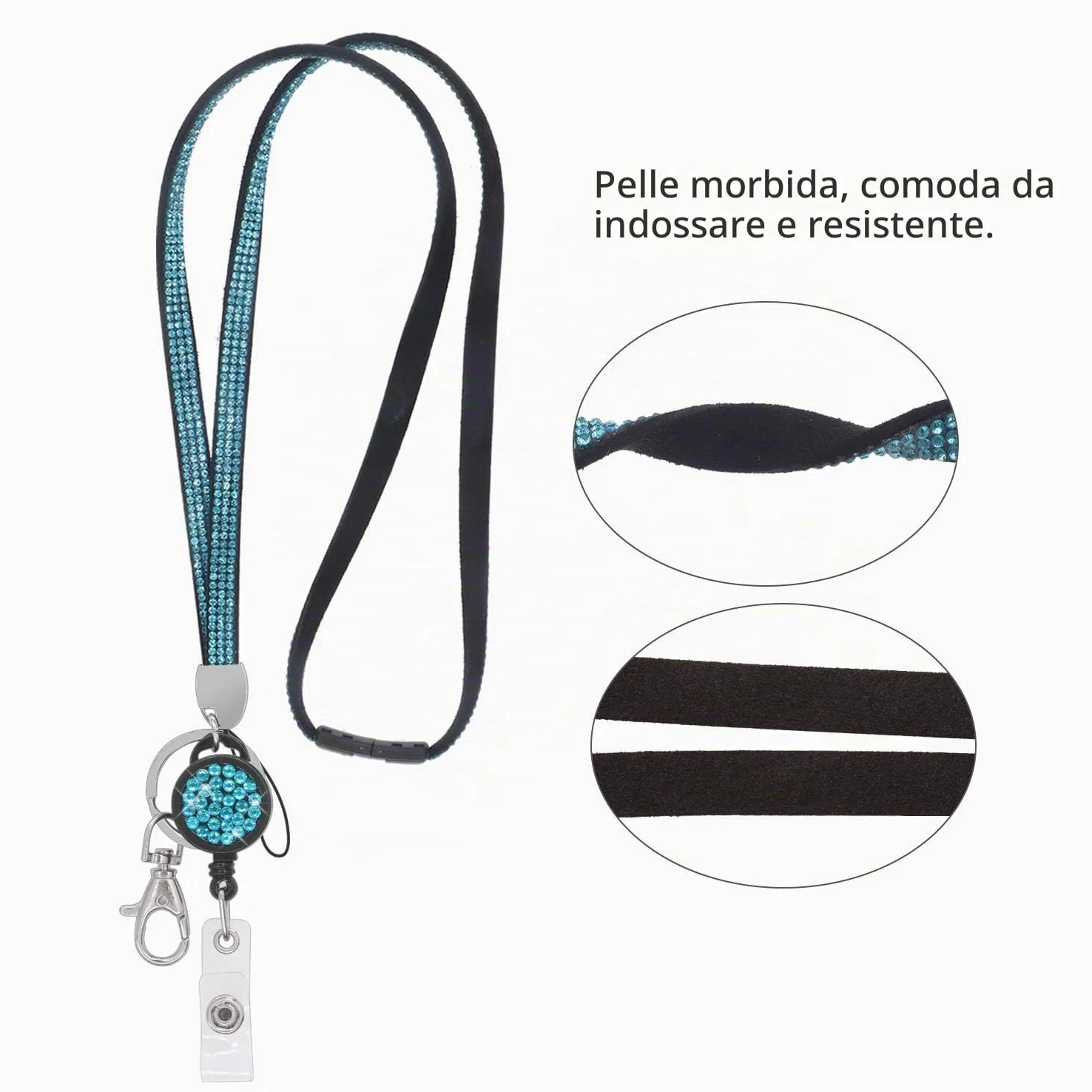 Soleebee 80cm Bling Cristallo Pelle Collo Cordini Cinghie per Porta badge retrattile per Carte di identità, Chiavi, Impiegati, Carta dello studente, USB, ecc. -12 pezzi (con Badge Reel)