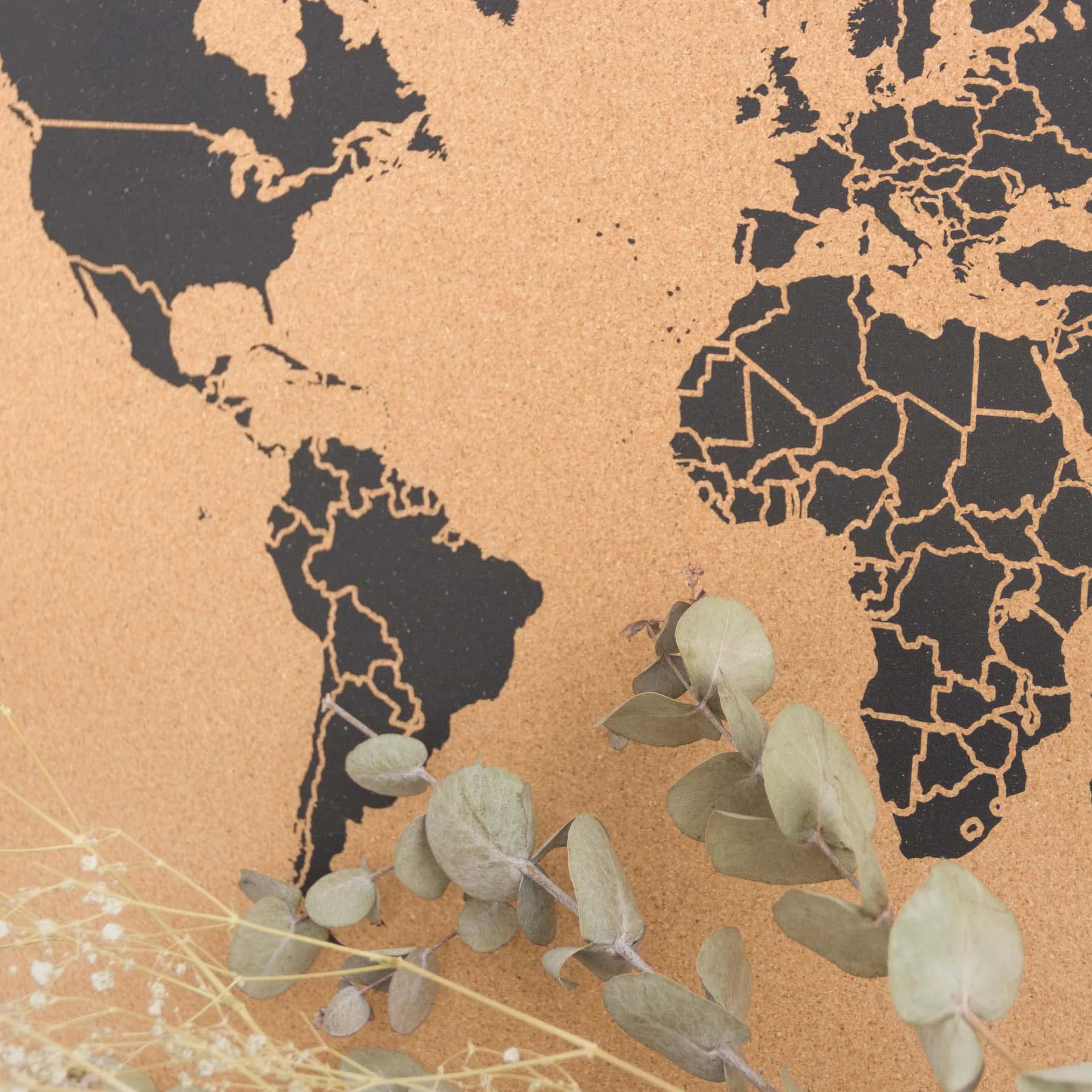 Miss Wood Map XL, Mappa del mondo di Sughero, 60 x 90 cm, Naturale/Nero