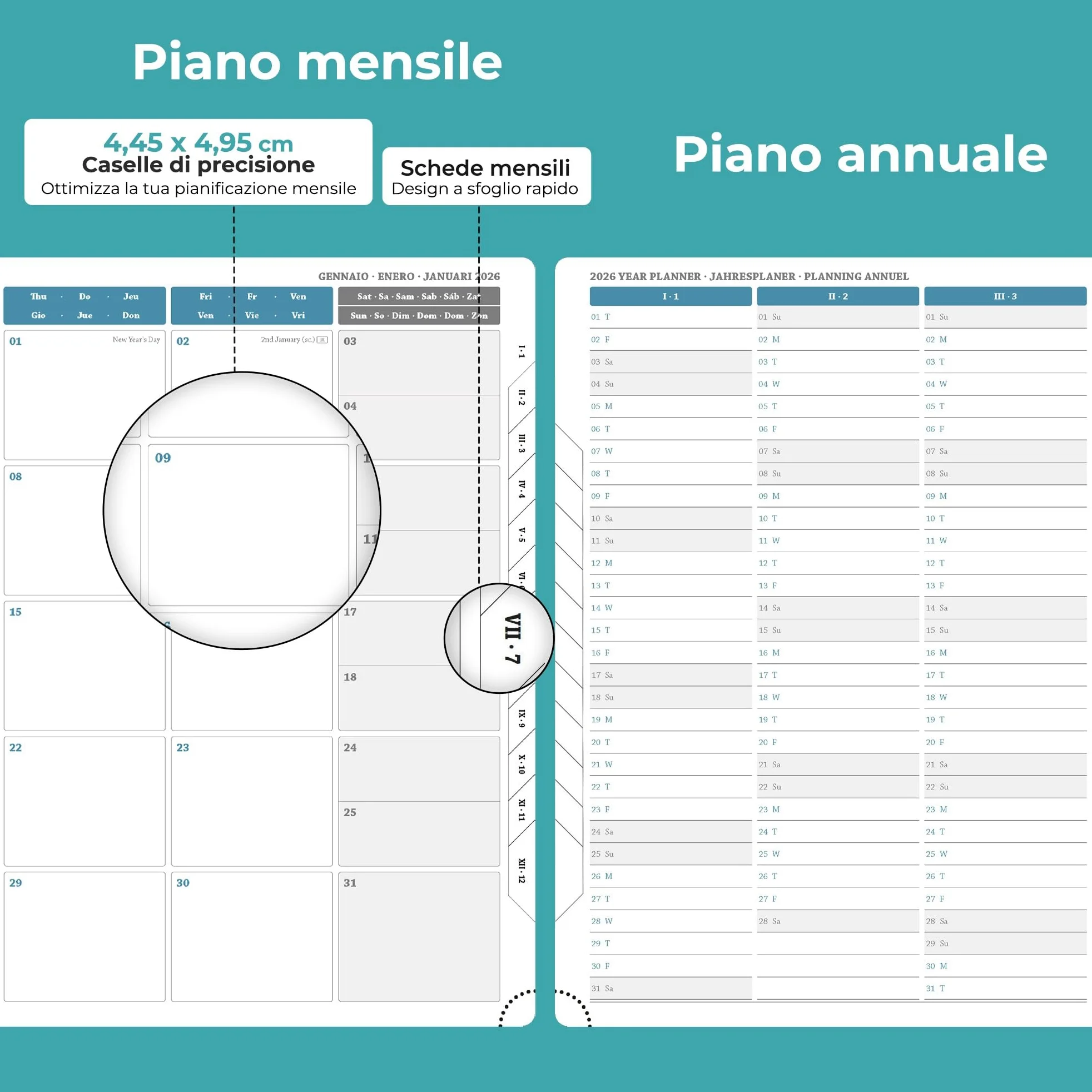 Agenda 2026 A4: Diario 29x21,7 cm, Pianificatore settimanale & giornaliero rilegato, 12 mesi Gen–Dic, carta 100 g/m², copertina pelle PU Azzurro