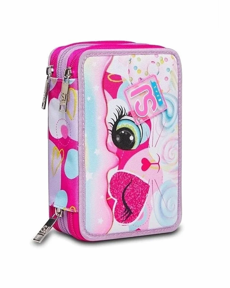 Astuccio Scuola 3 Zip Heart Lolly Rosa Portapenne Triplo Scomparto Completo