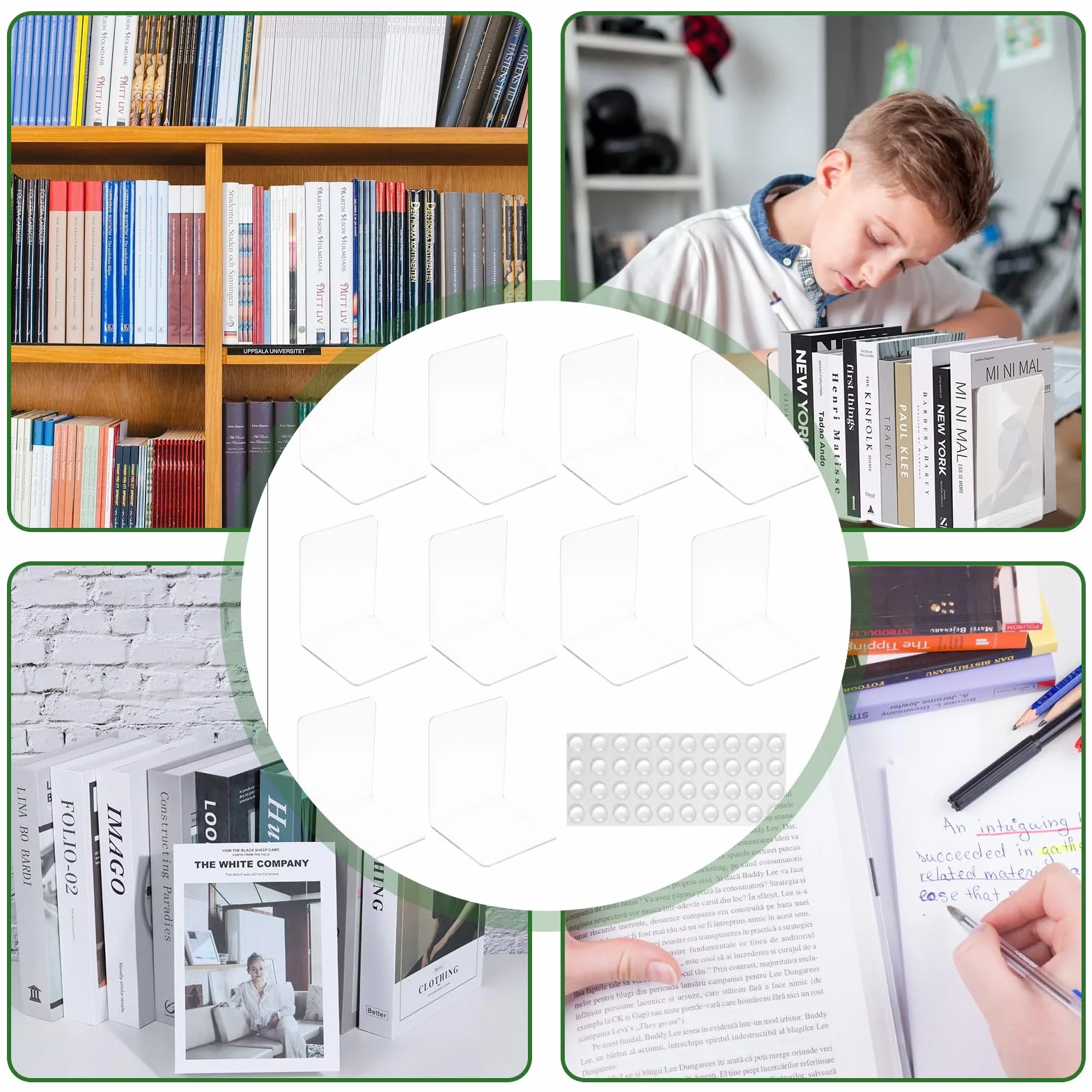 Fermalibri in Metallo 10 Pezzi + 50 Adesivi Antiscivolo per Casa Biblioteca