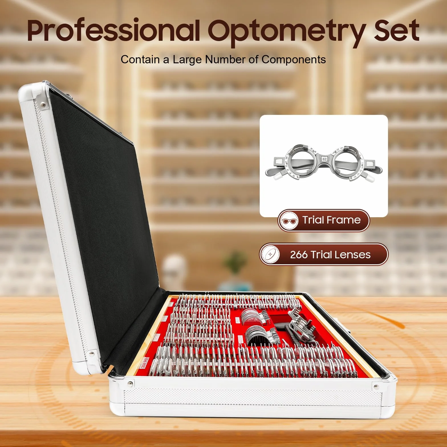 Set di 266 lenti di prova, in metallo, optometry, ottiche, lenti ottiche, con bordo in metallo, per ottometristi e uso domestico per esaminare ipermetropia, miopia, presbiopia, 57 × 36 × 9,5 cm