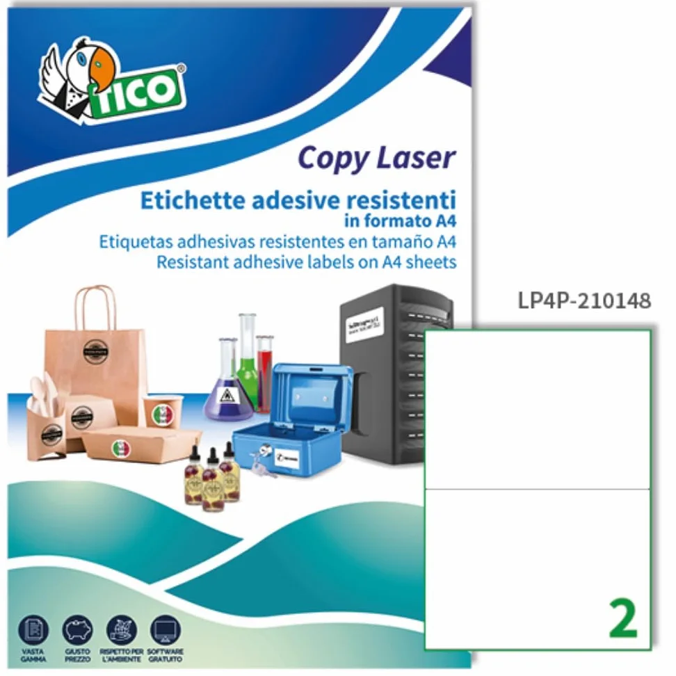 Tico Italia LP4P-210148 Etichette adesive bianche resistenti in poliestere, 70 fogli A4, rettangolari 210x148mm, 2 etichette per foglio, adesivo permanente, stampanti laser