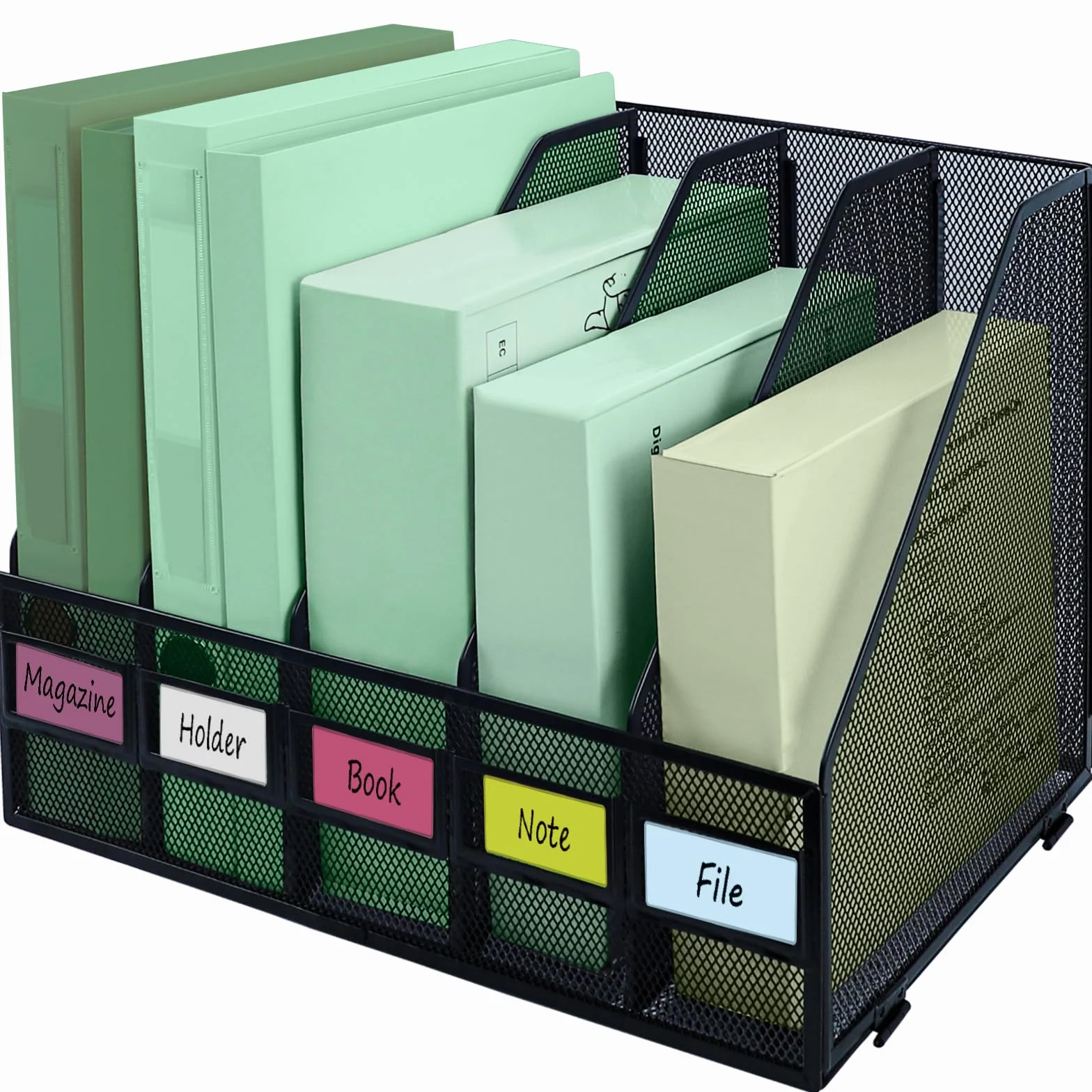Libreria pieghevole in formato A4, 5 scomparti verticali, porta riviste, organizer da scrivania per ufficio, scuola e casa, nero