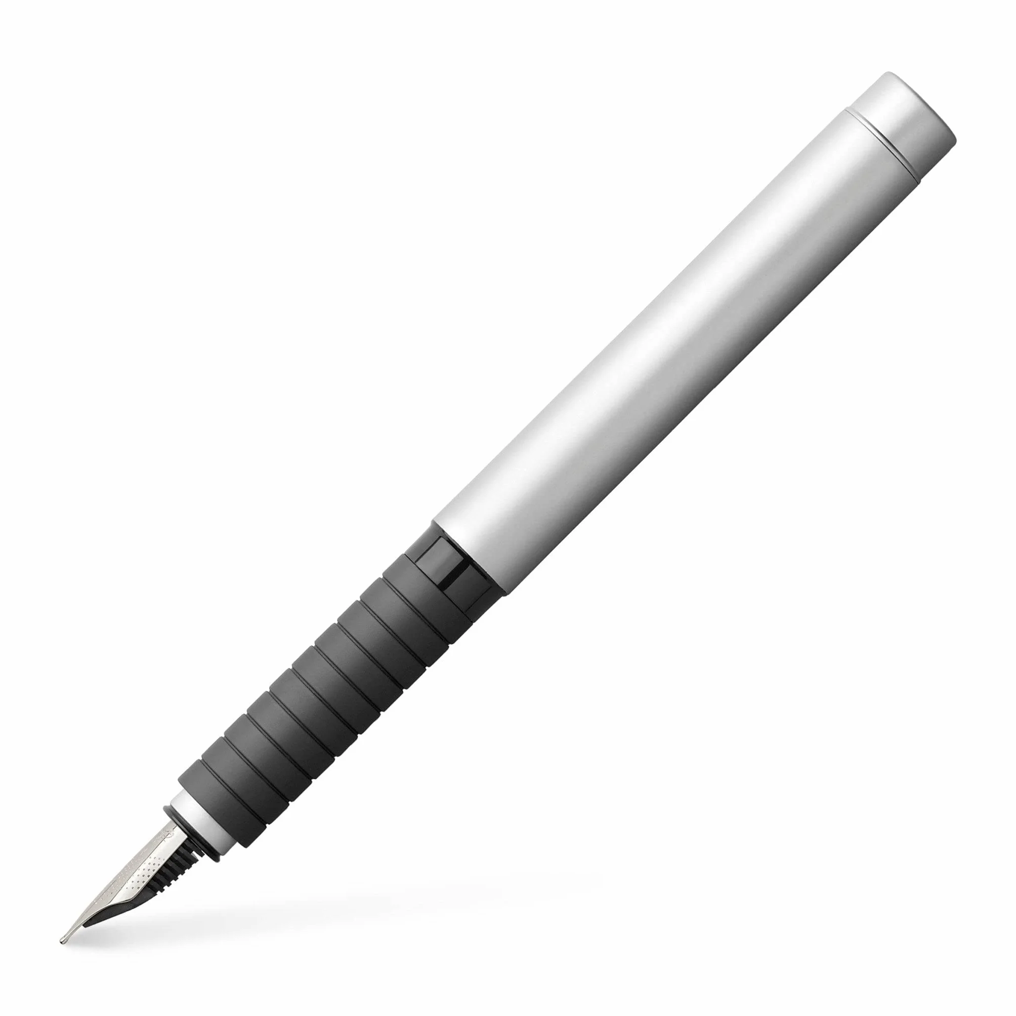 Faber-Castell 148521 - Penna stilografica Basic in metallo, pennino: F (fine), Argento opaco, nero | Fusto in metallo cromato opaco con impugnatura morbida ergonomica