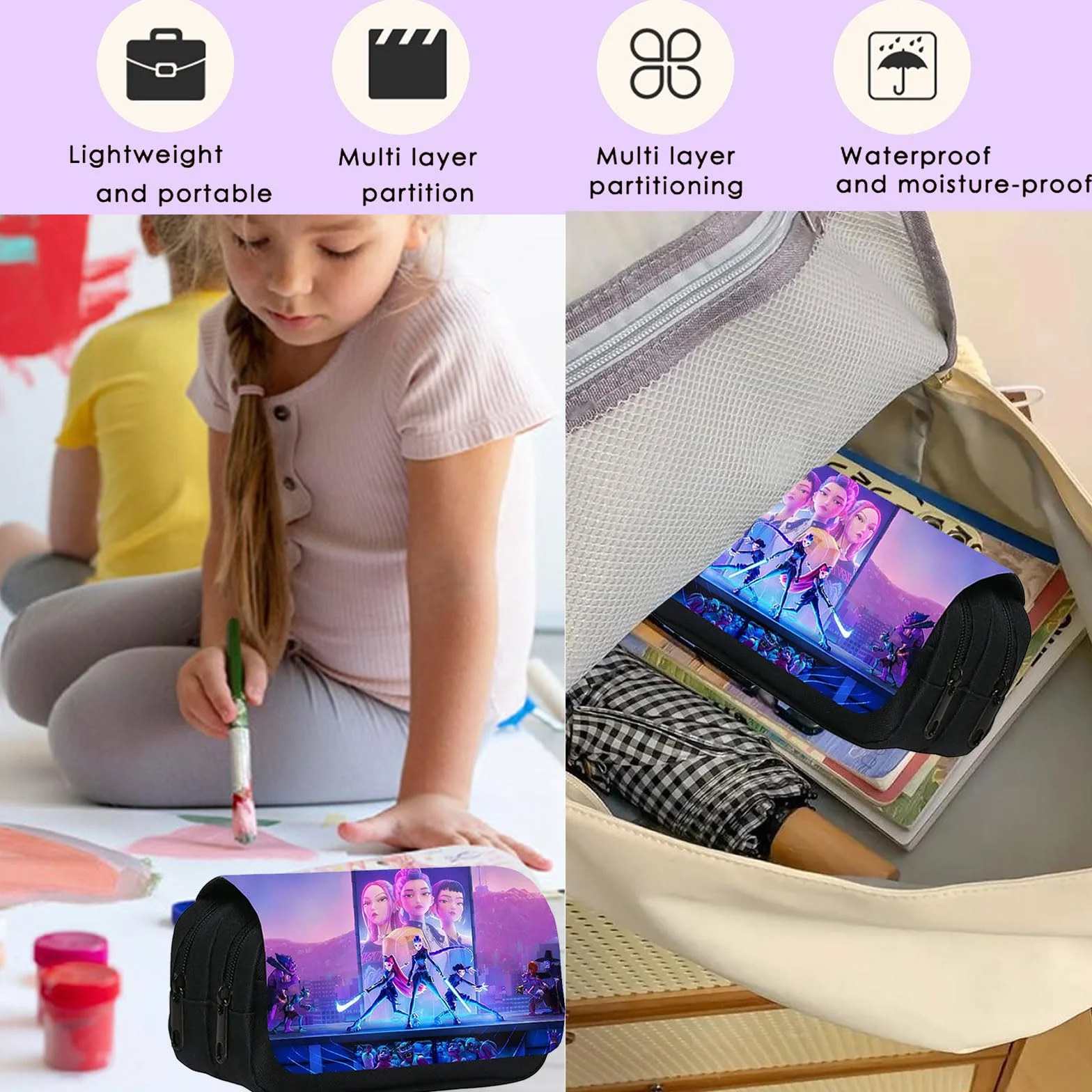 Astuccio per ragazze con cerniera grande capacità 3 scomparti scuola ufficio contenitore trucchi
