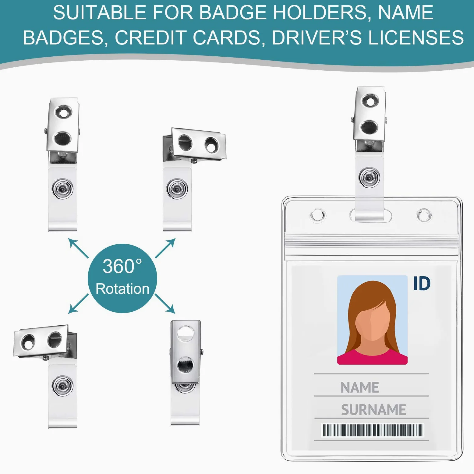 Clip per badge in metallo a doppio foro con cinghie in PVC trasparente per carte d'identità, porta badge, targhette, badge da lavoro, 300 pezzi