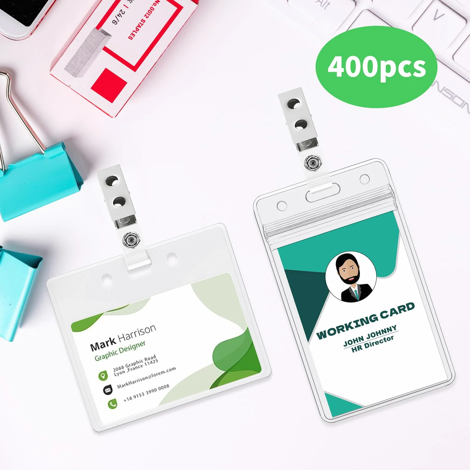 Confezione da 400 clip per badge in metallo, a doppio foro, con cinghie in PVC trasparente, per targhette, carte d'identità e porta badge, forniture per ufficio e lavoro