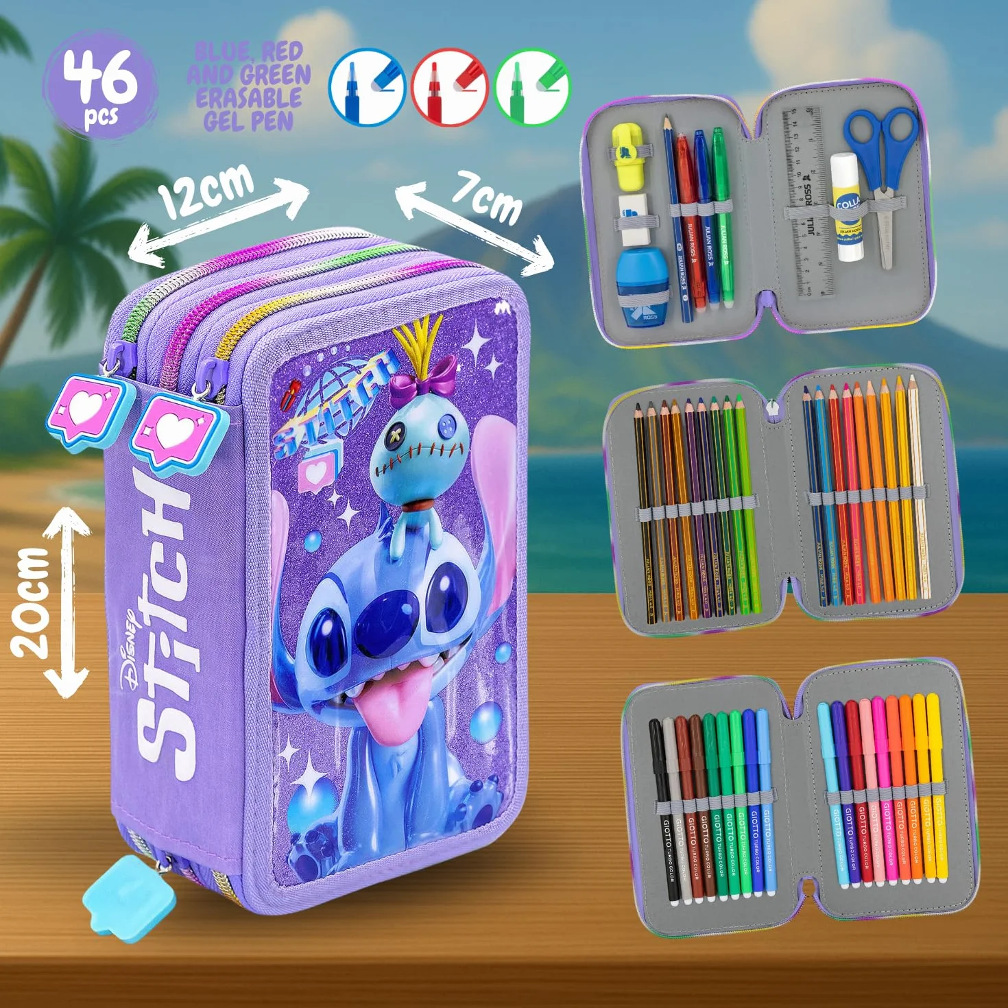 Clondo Astuccio Scuola 3 Scomparti Completo Stitch Fan 46 Accessori Kit Cancelleria Penne Gel Cancellabili Pennarelli Pastelli Colla Evidenziatore