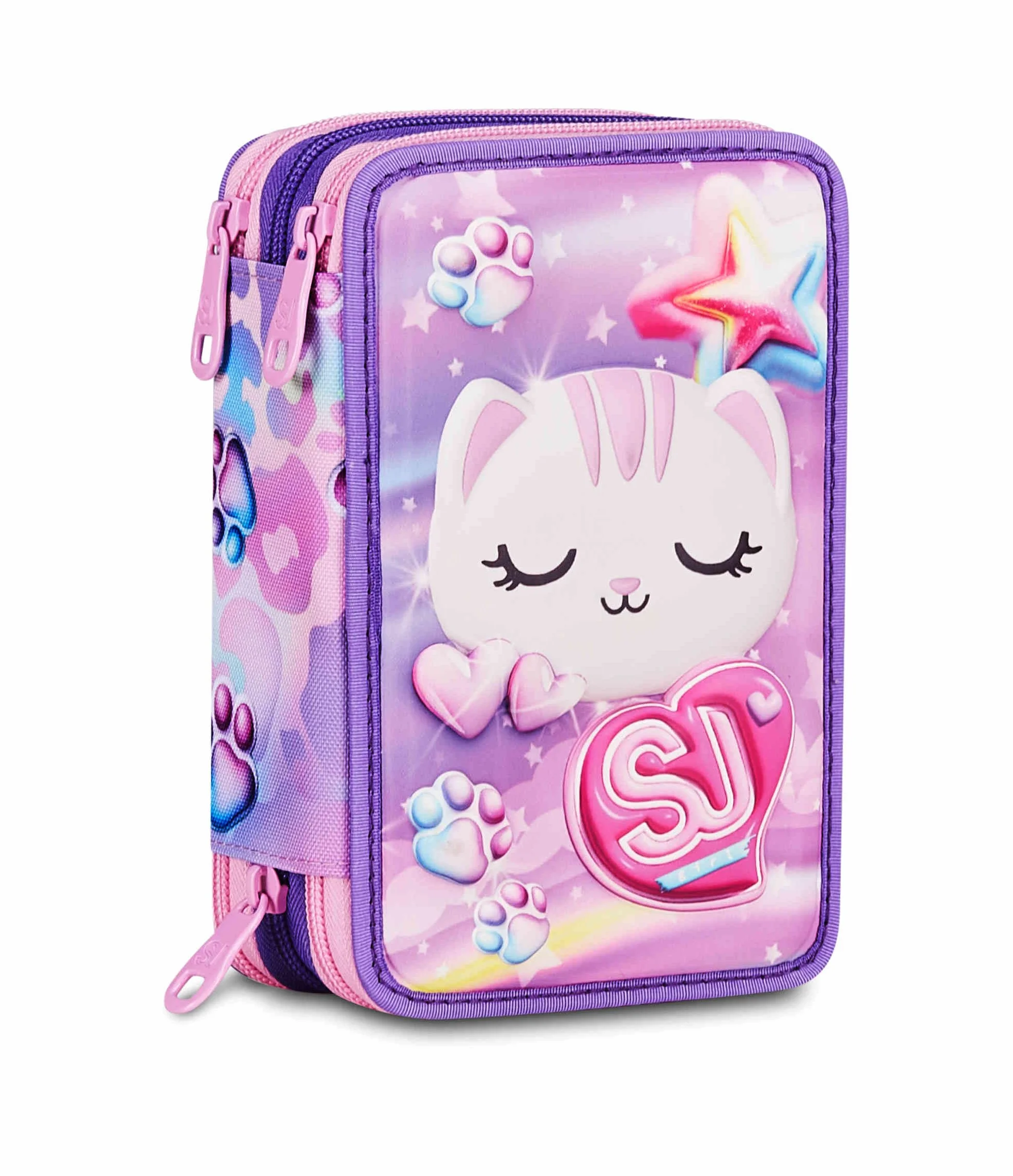 Astuccio Scuola 3 Zip 3D GLOWCAT Rosa Triplo Scomparto Scocca semi rigida 45 pezzi