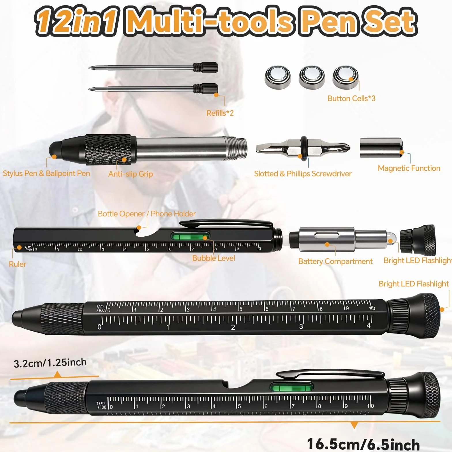 Penna Multifunzione 12 in 1 Gadget Uomo, Strumento Fidget Antistress