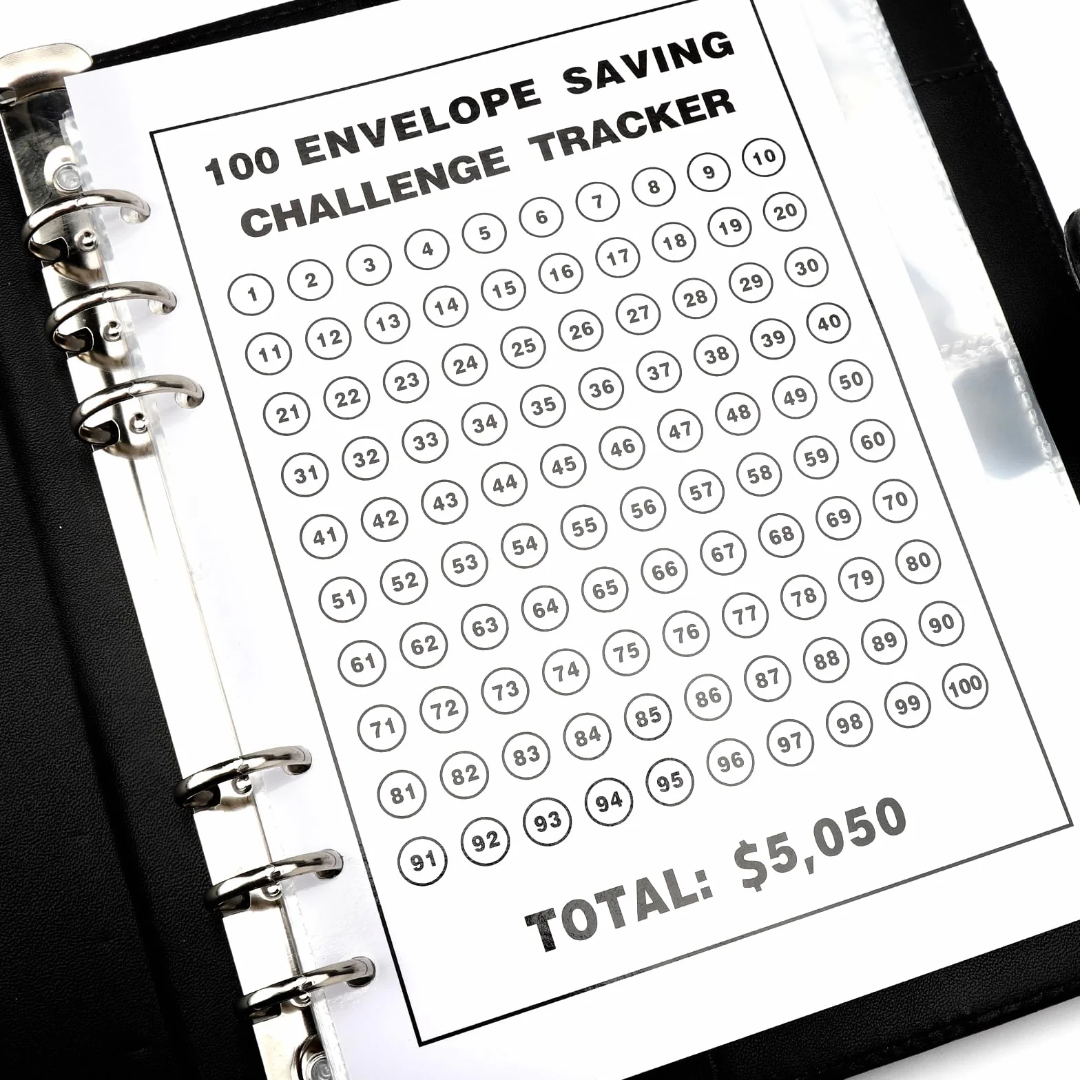 100 Envelope Challenge Binder, Buste Sfida Binder, Cartella Budget per risparmiare €5,050, Sfida risparmio per pianificatori di bilancio (nero)
