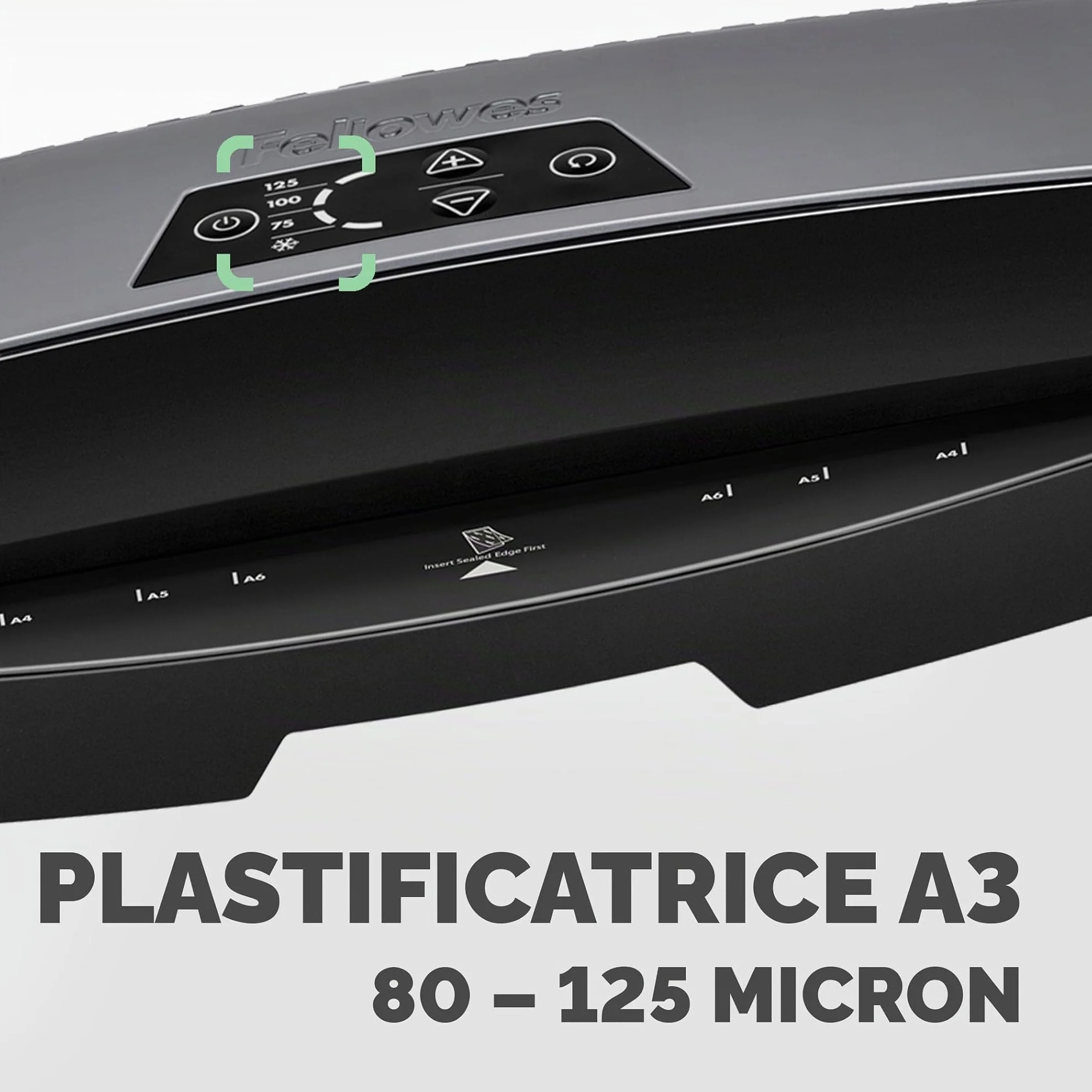 Fellowes Plastificatrice A4 Calibre per piccoli uffici, Pronta in 1 minuto con Spegnimento e modalità Riposo, 80-125 Micron, Kit con 10 fogli A4 per plastificazione incluso, Nero