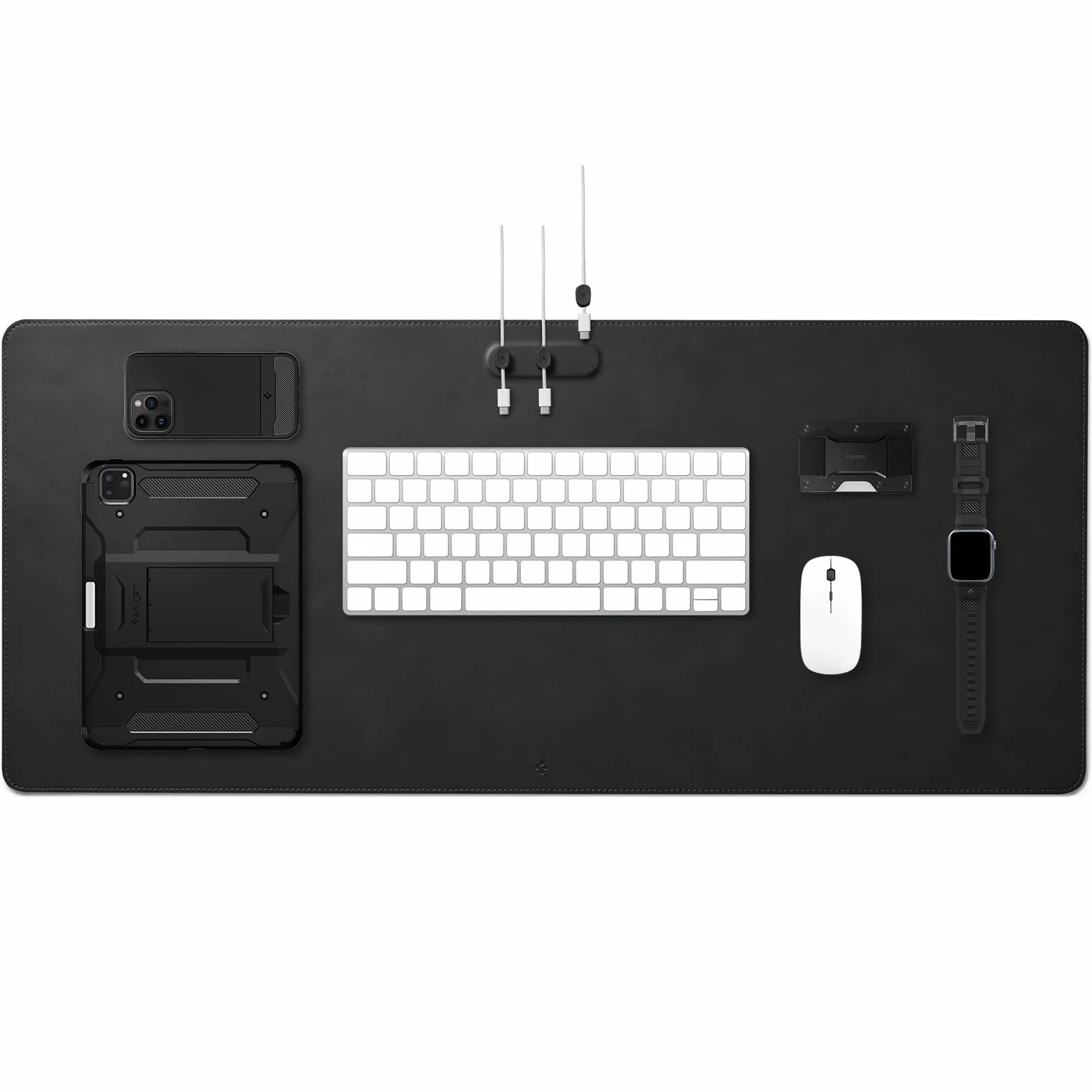 Spigen Tappetino Scrivania in Pelle PU Vegana Velo con Magnete Integrato per Organizzazione Cavi, Sottomano Antiscivolo in Gomma, Tappeto Impermeabile - Nero