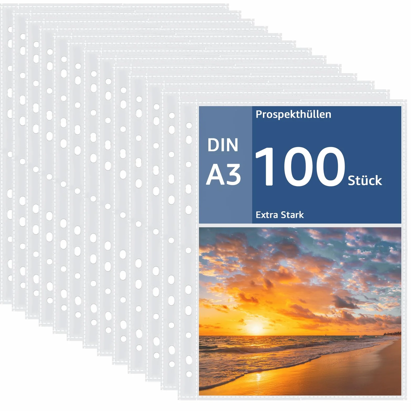 APACALI 100 Buste A3 Trasparenti, 0,05 mm, con Foratura, Pellicola Extra Forte per Raccoglitori